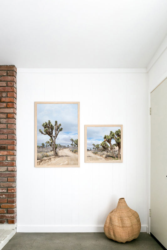 JOURNEY LEFT & RiGHT diptych featuring Joshua Tree desert scene in vertical and square frames on white wall.