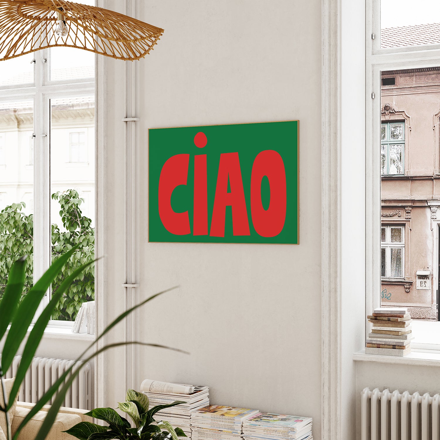 CiAO / RED on GREEN poster with bold red letters on green background displayed in a modern, bright living space.