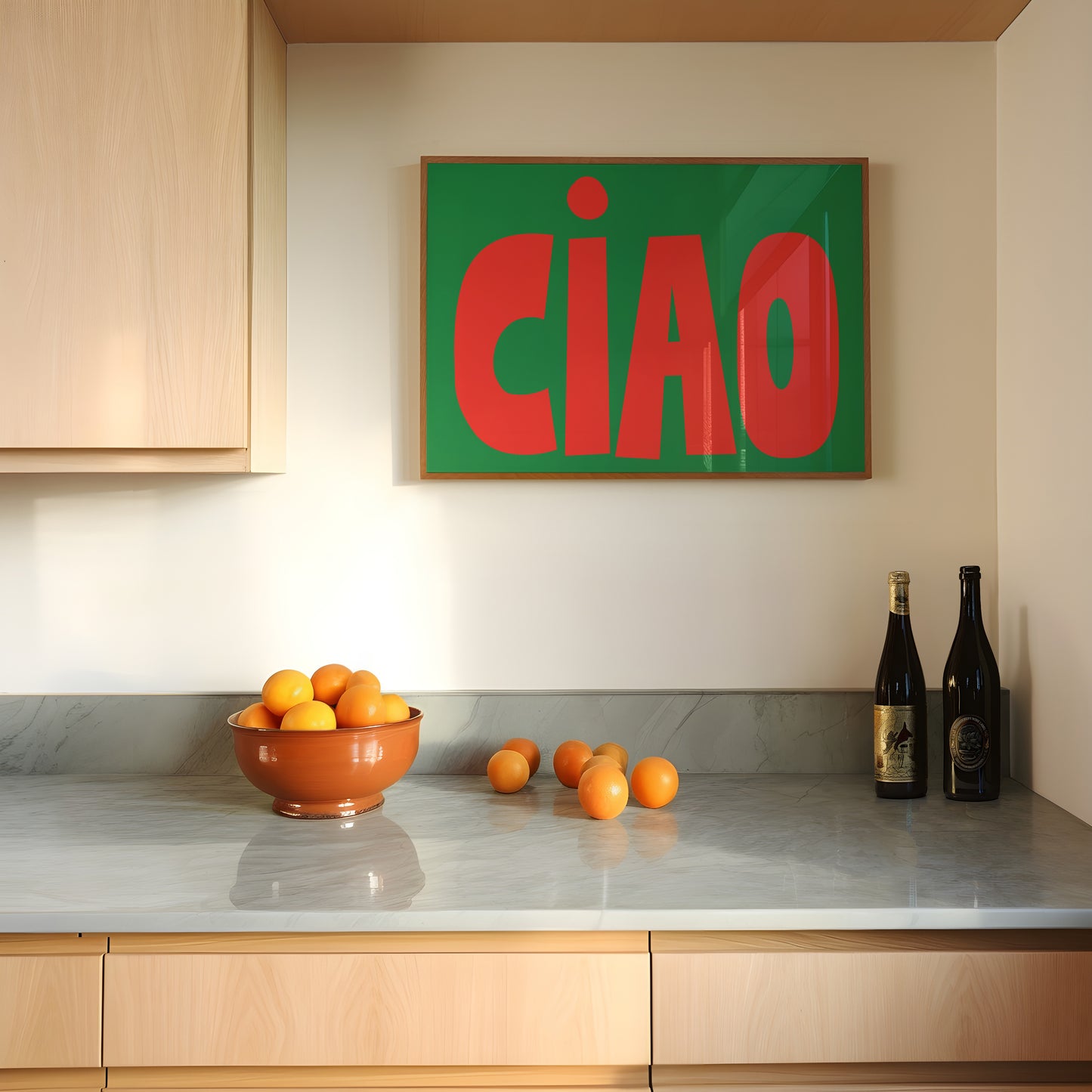 CiAO / RED on GREEN poster with bold red letters on green background in a modern kitchen setting.