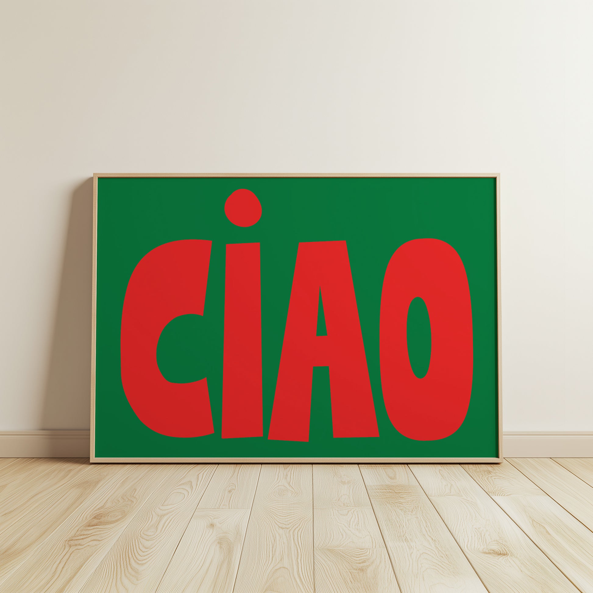 CiAO / RED on GREEN poster with bold red letters on green background, minimalist Italian-inspired wall art print.