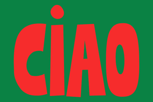 CiAO / RED on GREEN poster with bold red letters on green background, featuring minimalist Italian-inspired wall art design.
