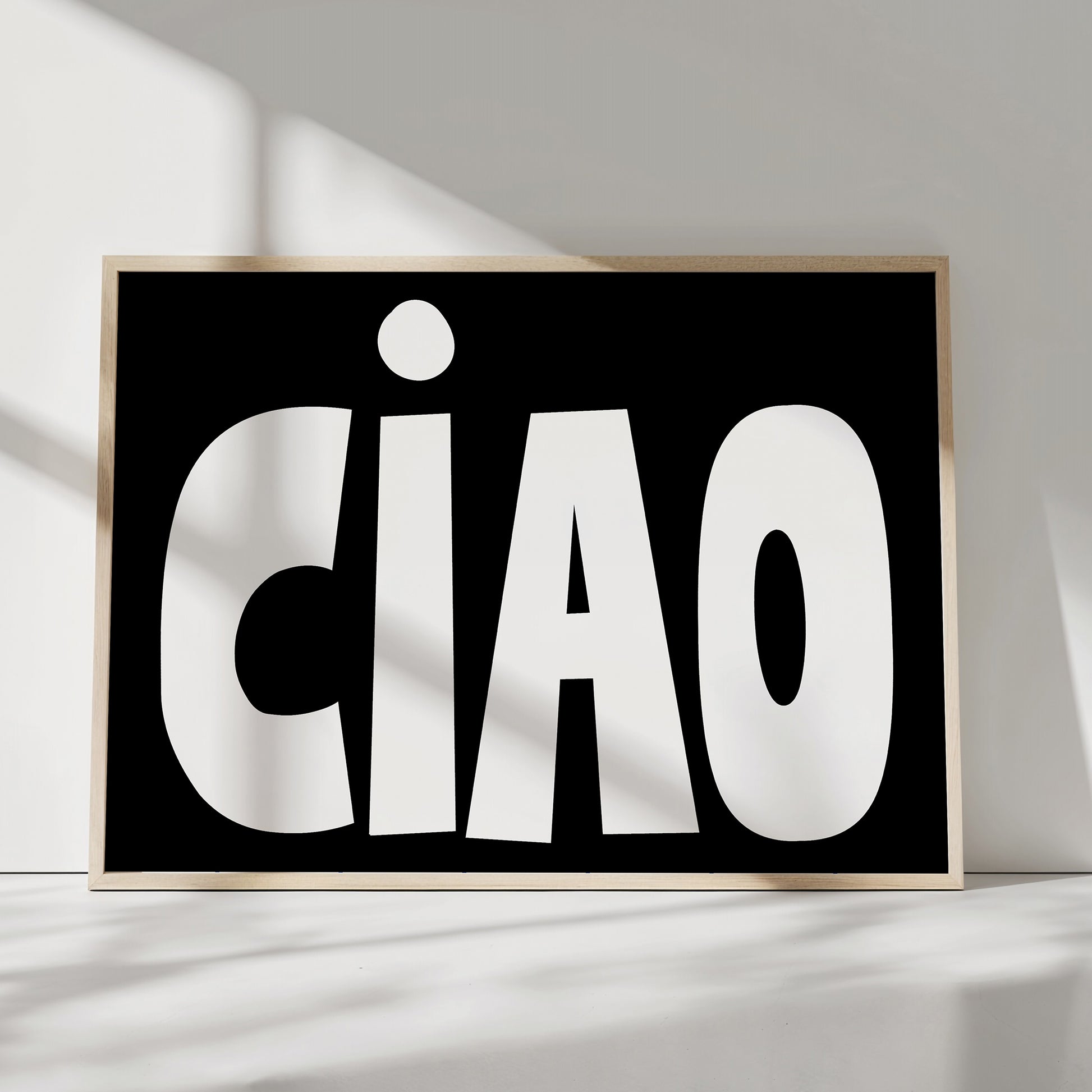 CiAO art print poster with bold white lettering on black background, minimalist Italian-inspired wall decor.
