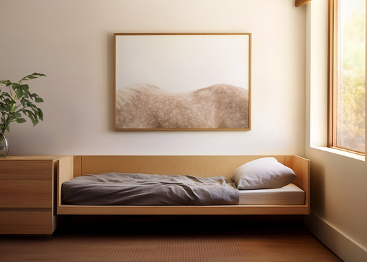 DAPPLED artwork of soft, abstract dappled horse back in natural light, framed and displayed in minimalist bedroom.