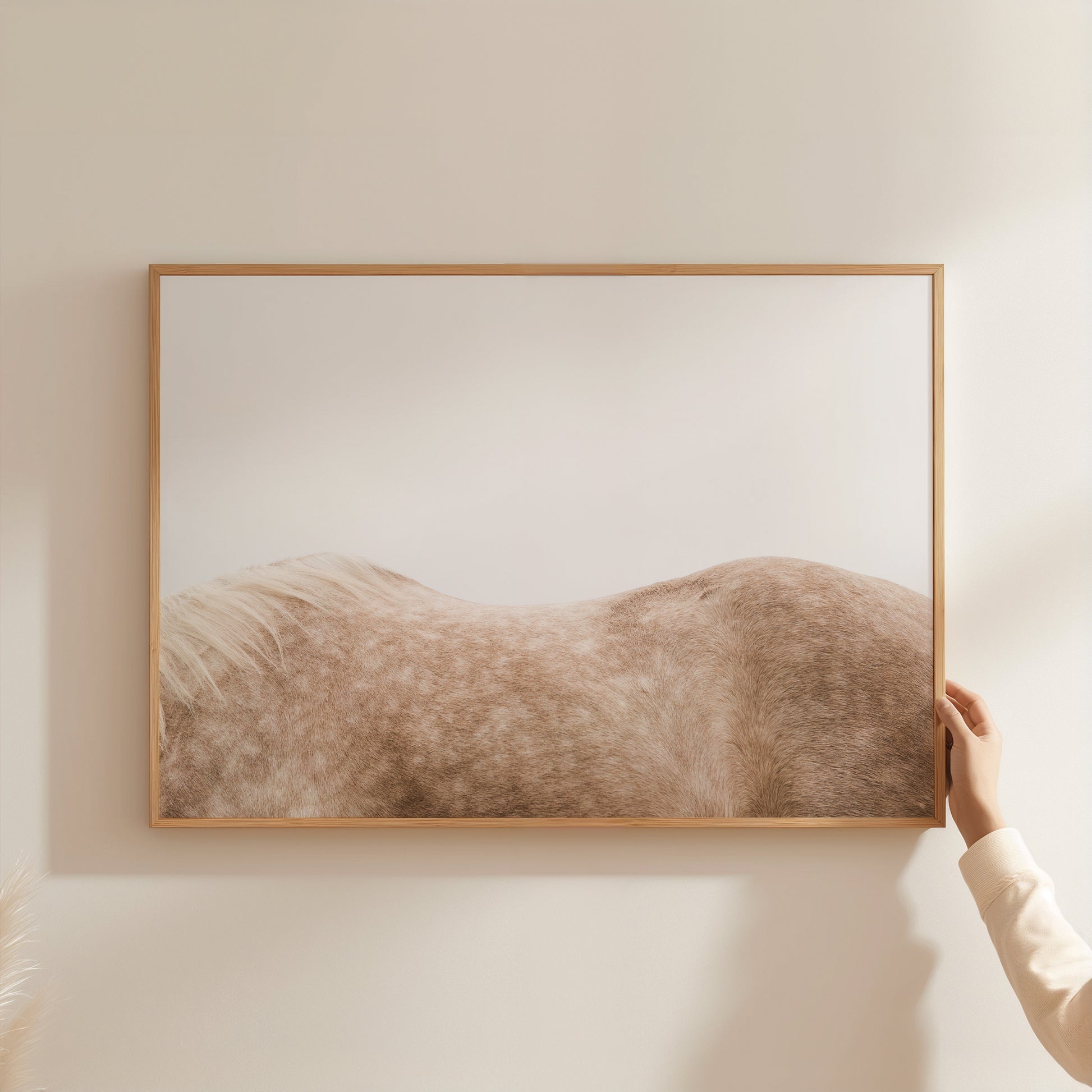 Framed "DAPPLED" artwork showing a soft, abstract depiction of a dappled horse’s back in natural light.
