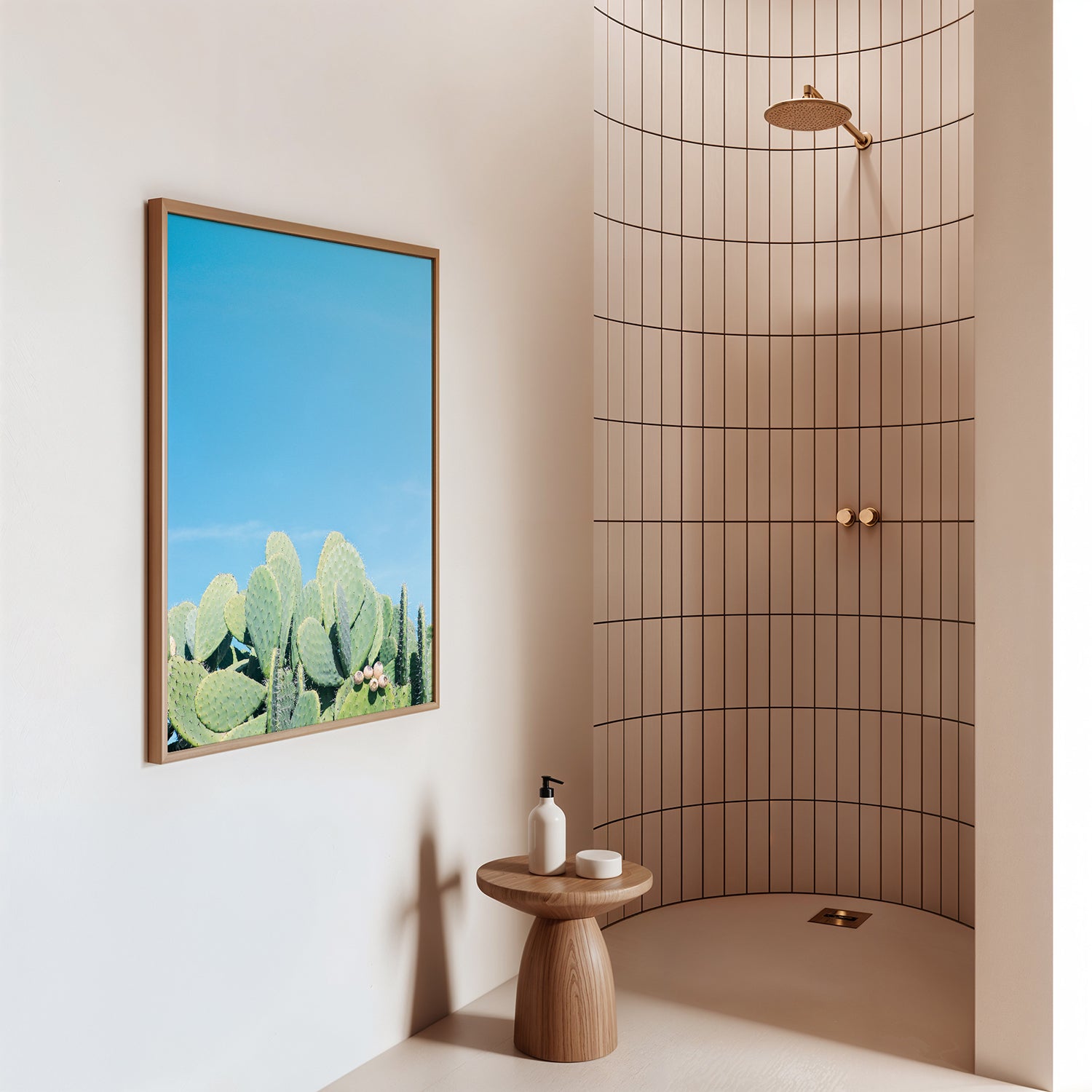 DAYDREAM wall art showing prickly pear cacti and blue sky, perfect for modern Southwest or minimalist decor.