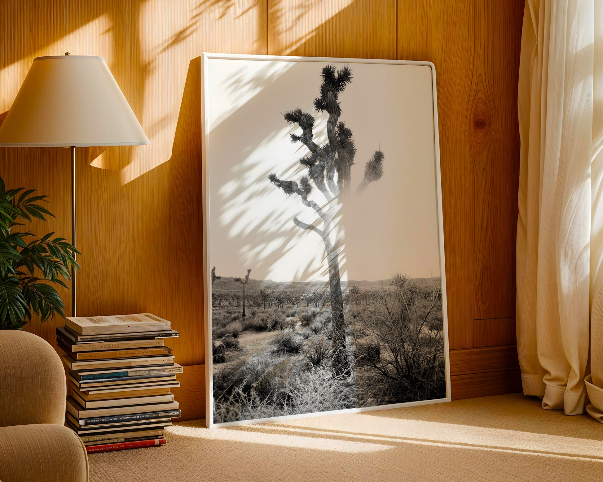 DESPERADO black-and-white photo of a Joshua tree in desert sunlight, minimalist desert art for modern interiors.