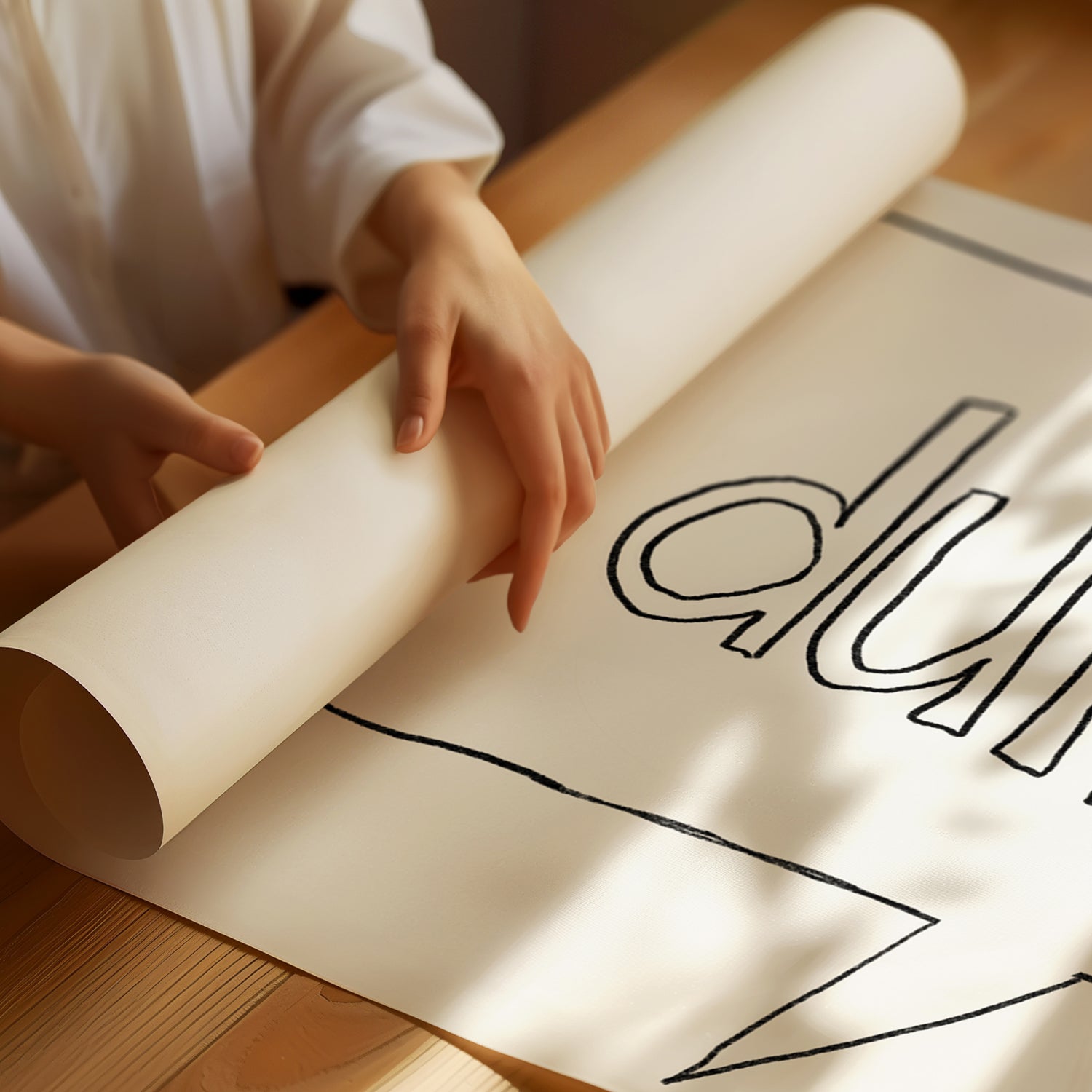 Close-up of hands unrolling the minimalist DUH poster with hand-drawn dry humor text on matte paper.