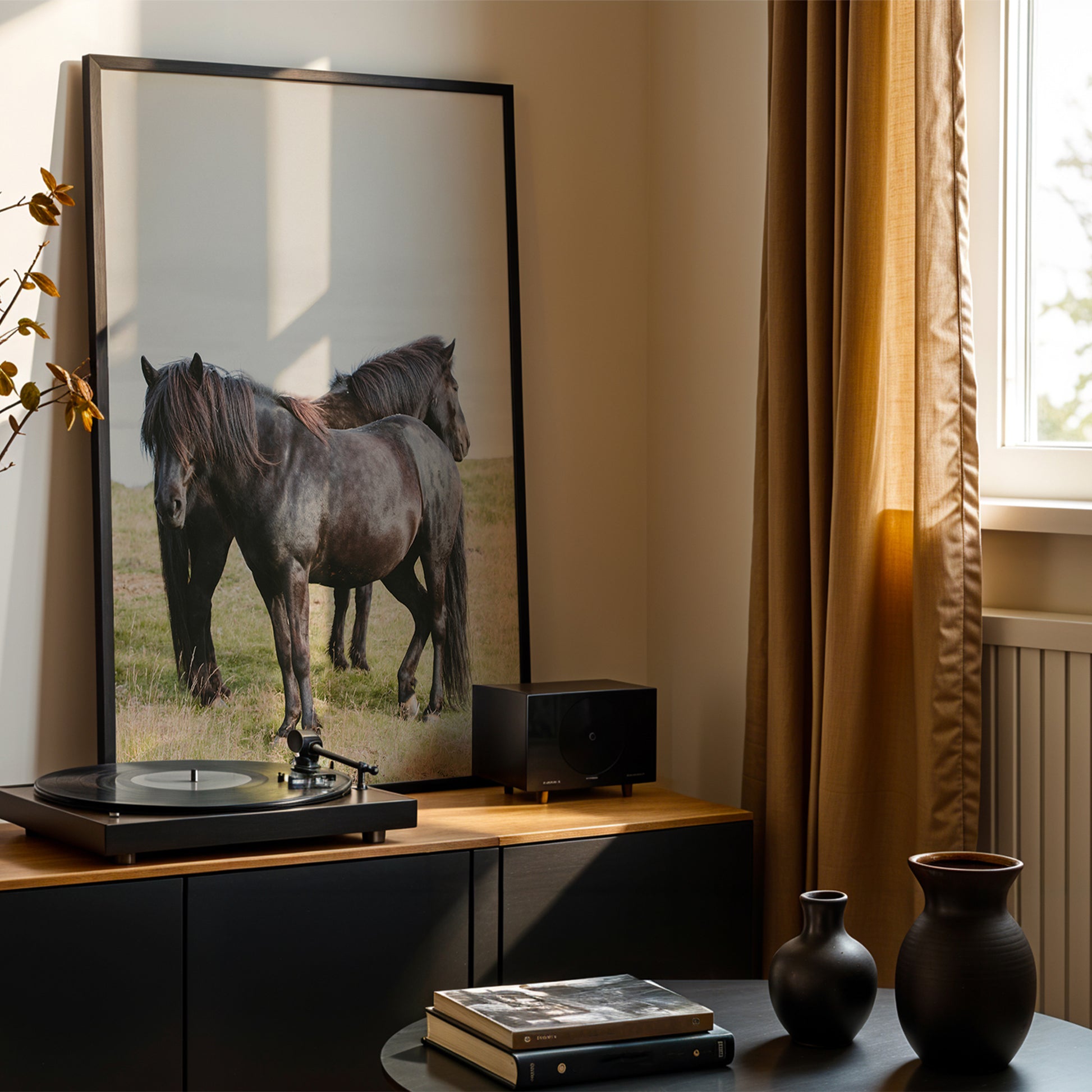DUO TONE art print of two black horses standing together in a field, perfect for rustic or modern interiors.