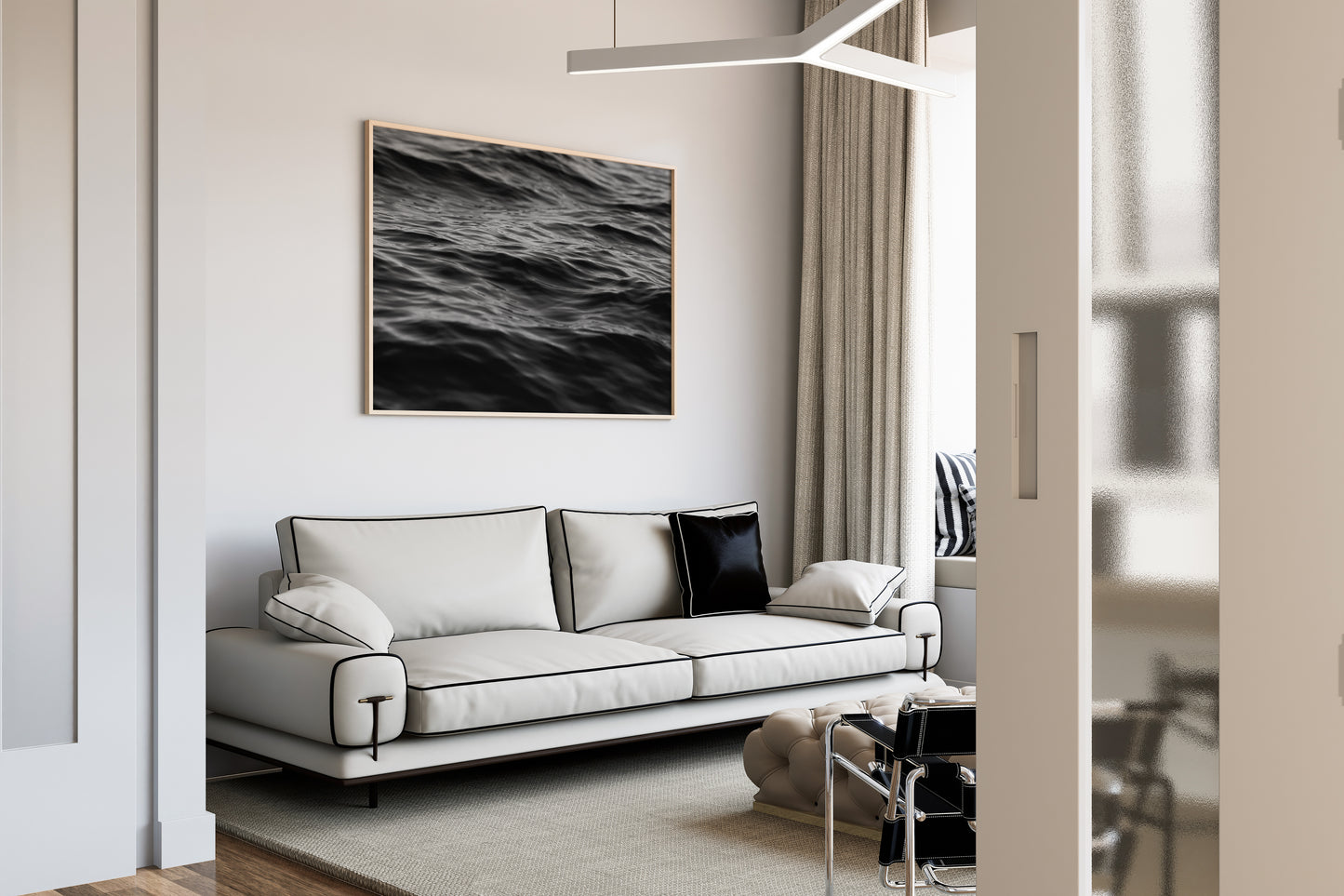 EAU NOiRE black-and-white photograph of textured ocean waves, perfect for minimalist and modern coastal home decor.