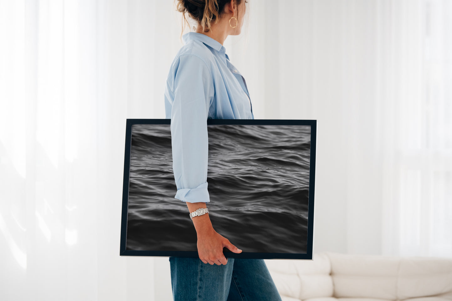 EAU NOiRE black-and-white photo of textured ocean waves, framed art for modern coastal and minimalist interiors.