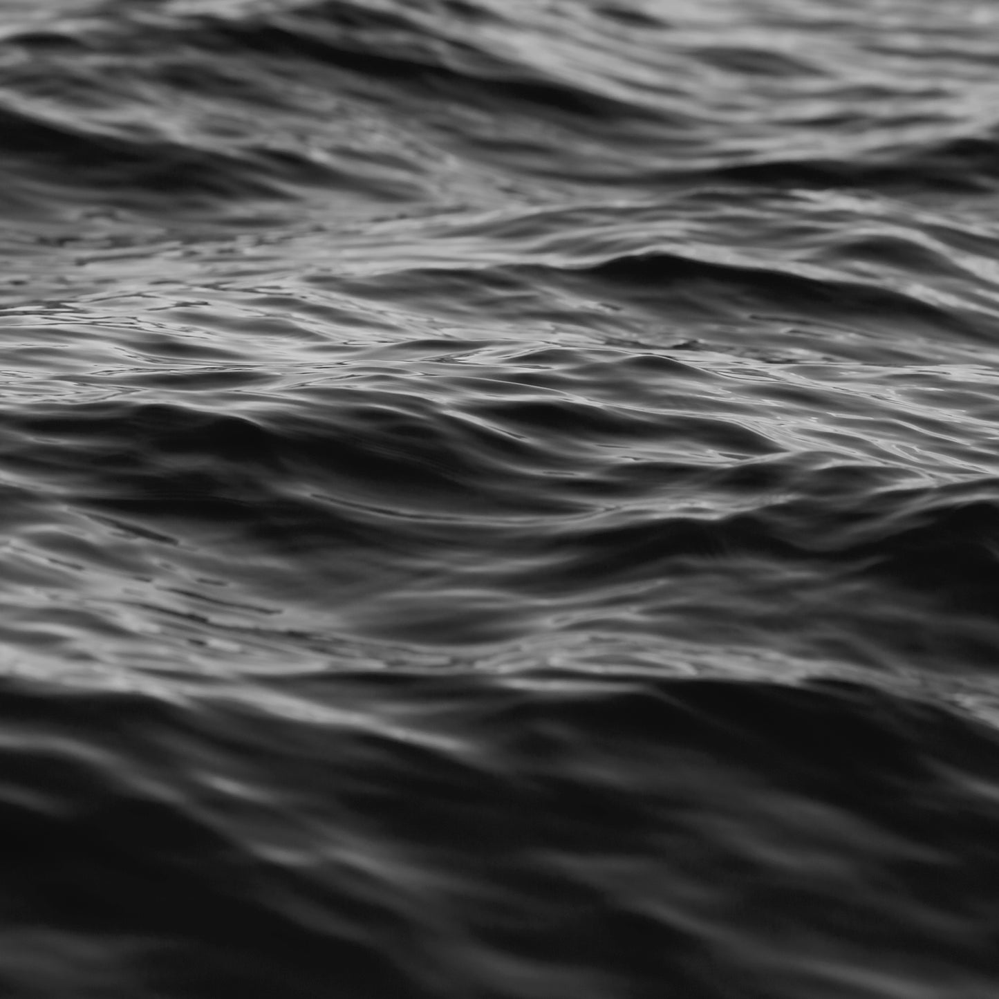 Black-and-white close-up of textured water waves in motion, a moody and hypnotic scene titled EAU NOiRE.
