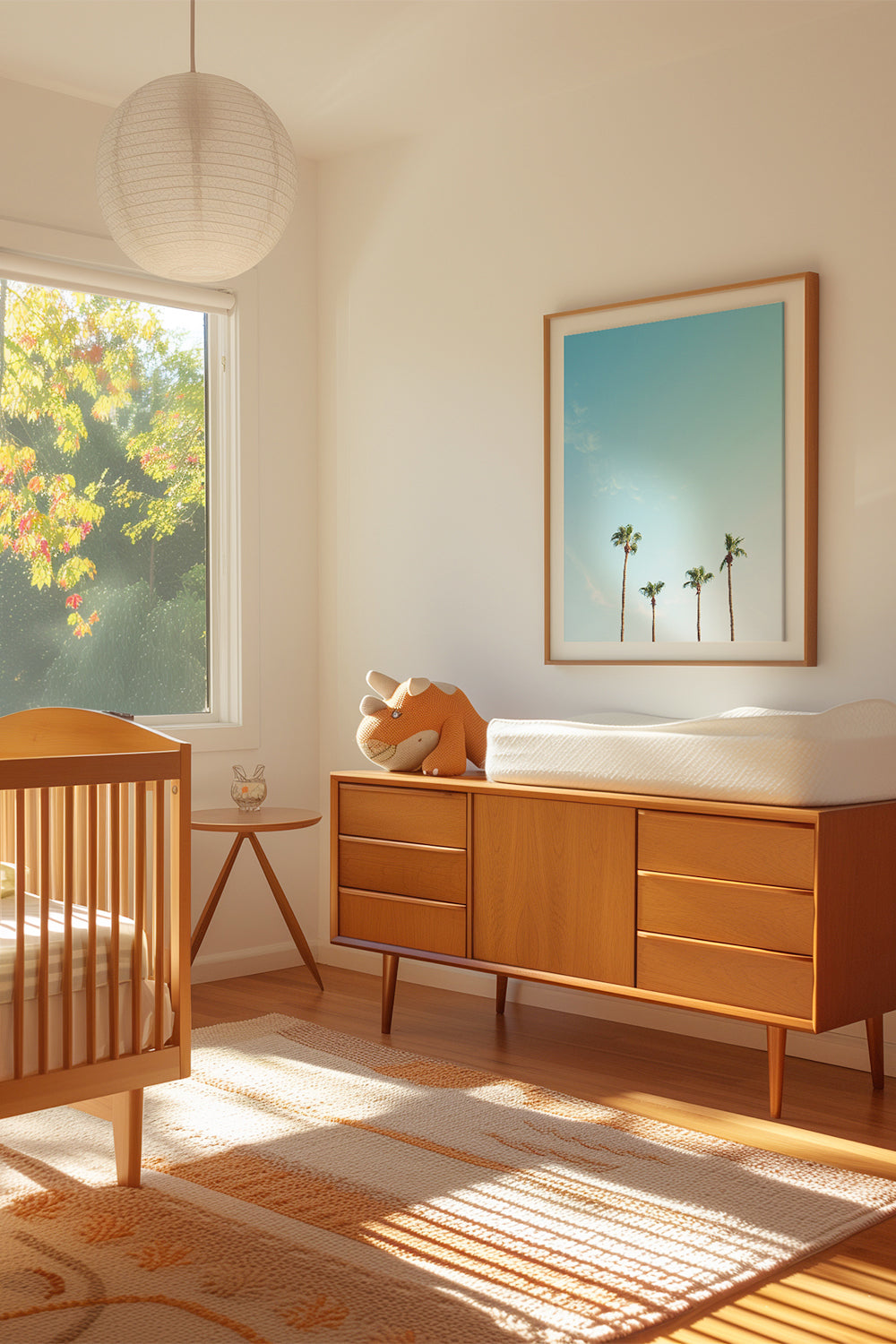 Minimalist palm tree print titled FAMiLiA in a bright nursery with wooden furniture and calming natural light.