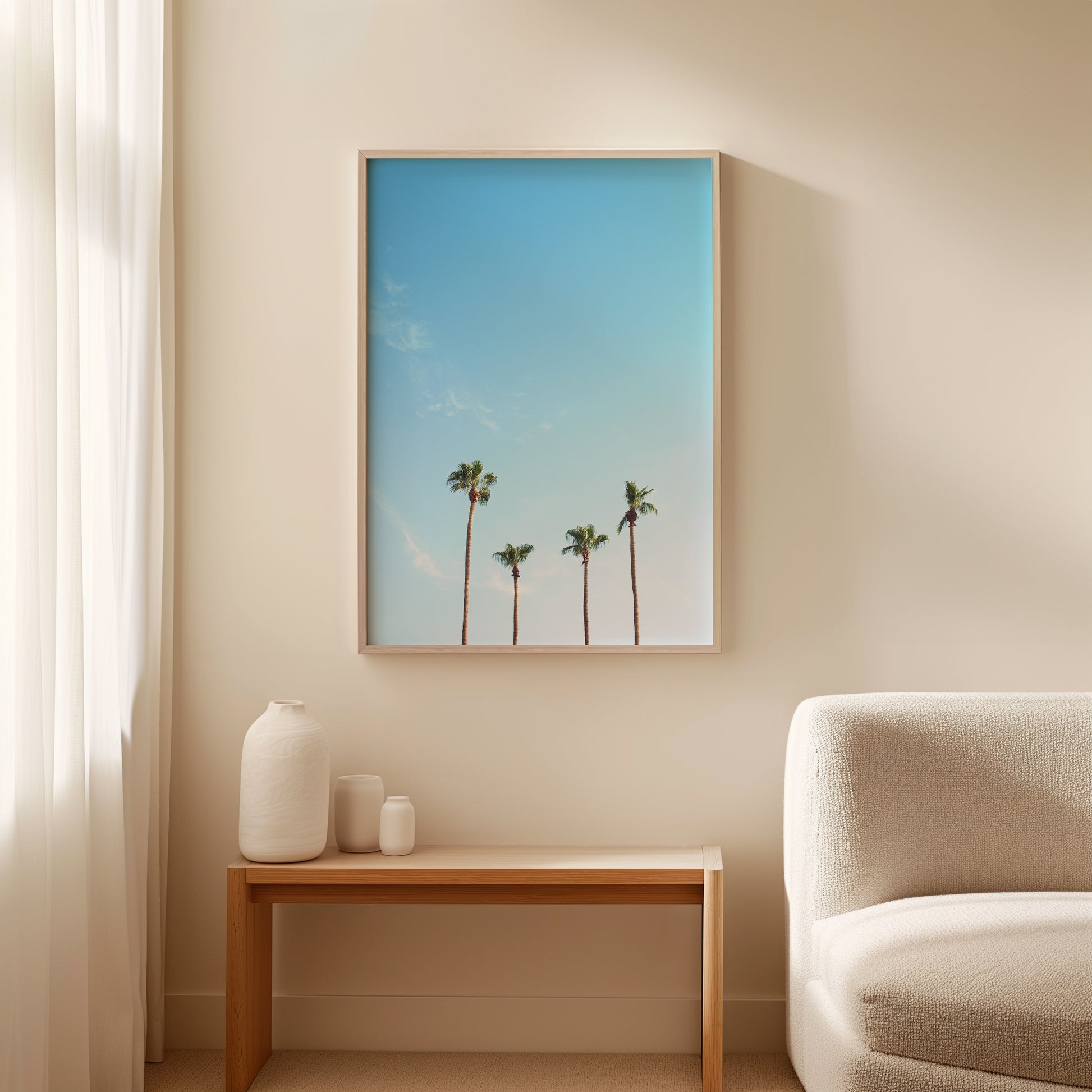 FAMiLiA minimalist palm tree print with four trees against a serene blue sky in a modern, minimal room.