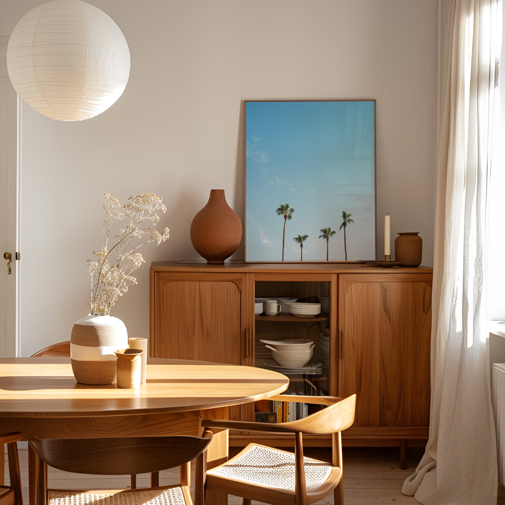 Minimalist palm tree print titled FAMiLiA with serene blue sky, perfect for modern and coastal decor.