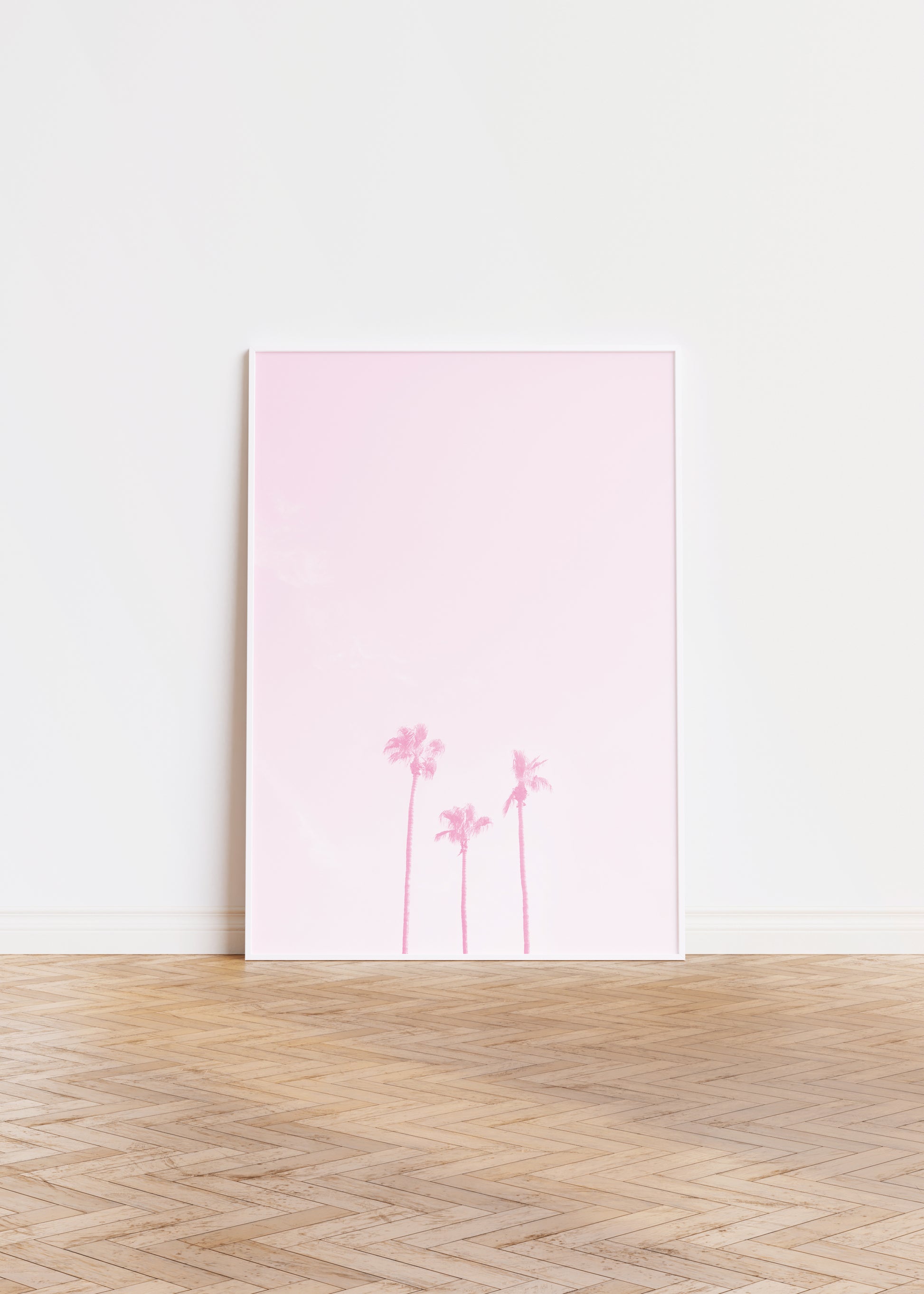 three palm trees washed out in pink symbolizing a family of three minimalist modern wall art by denise crew