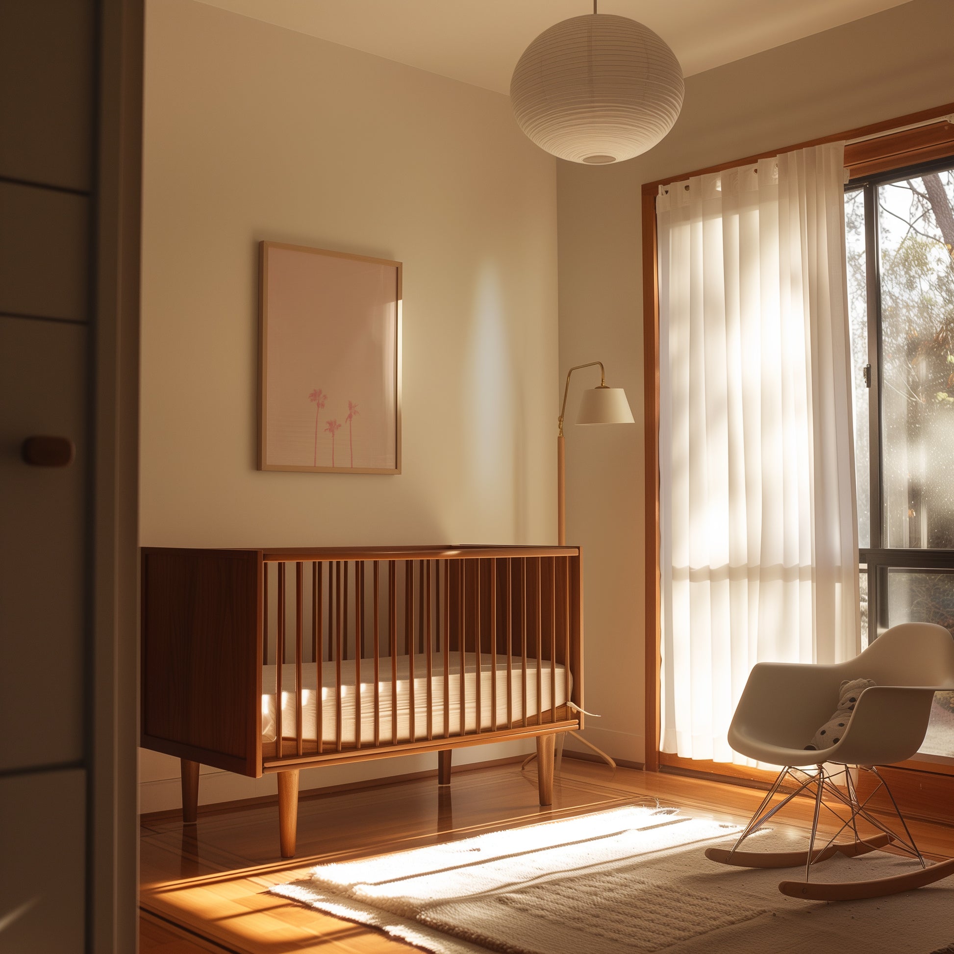 FAMiLLE DE TROiS soft pink palm tree art print in a cozy nursery with warm natural light.