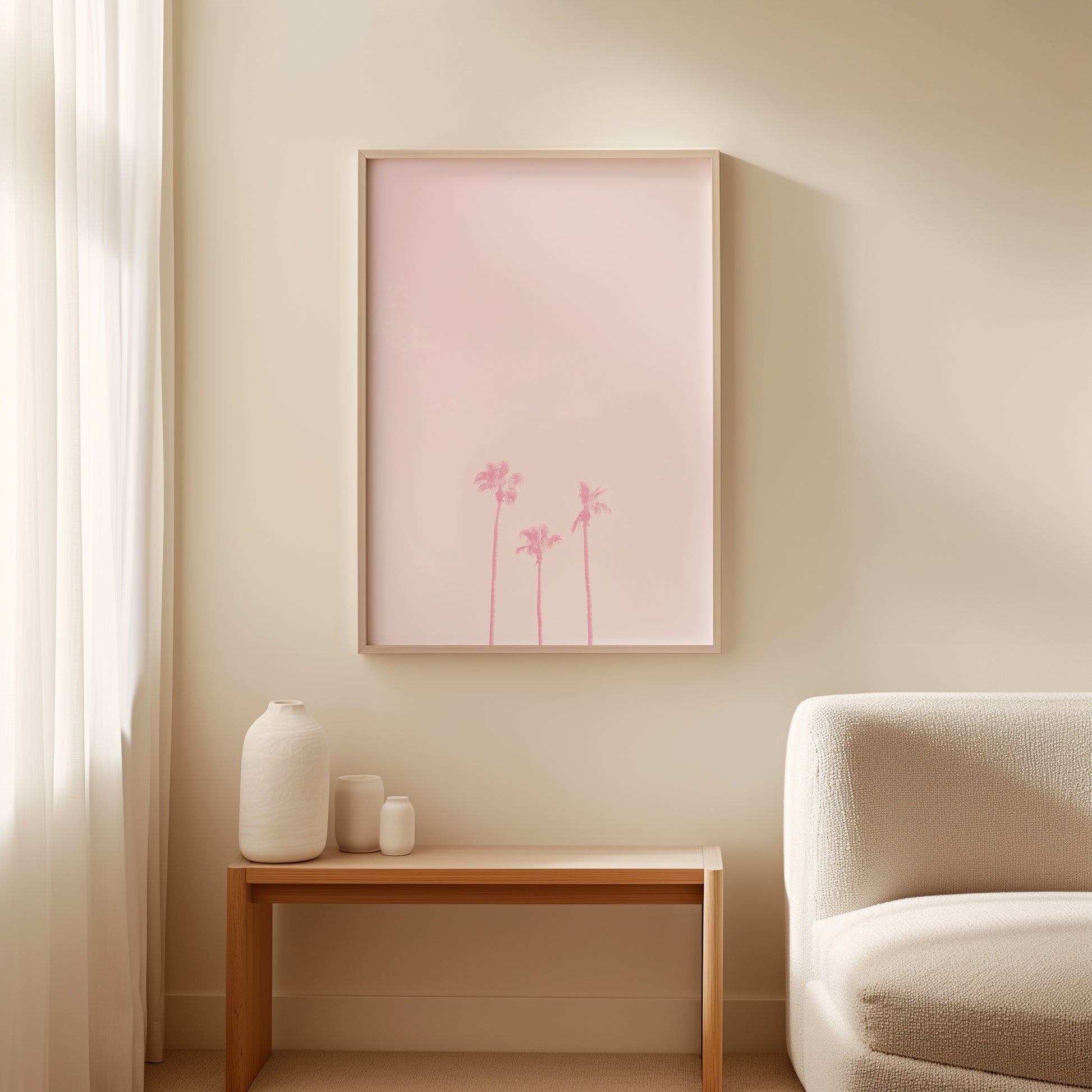 FAMiLLE DE TROiS shows three pink palm trees in a dreamy minimal desert photograph for modern decor.