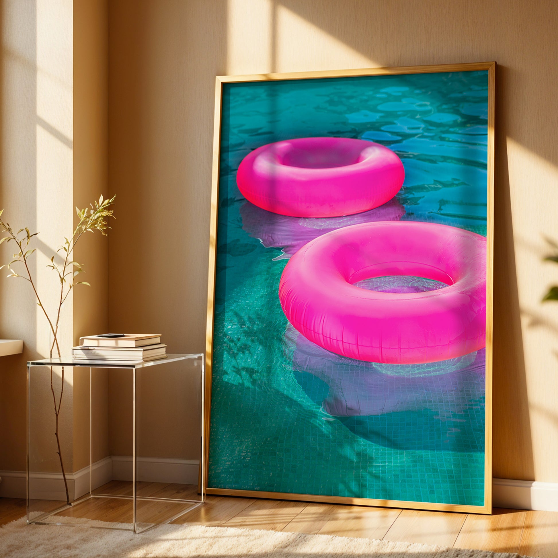 FLOATiES vibrant photographic art print of hot pink pool floats in turquoise water displayed in a sunlit room.