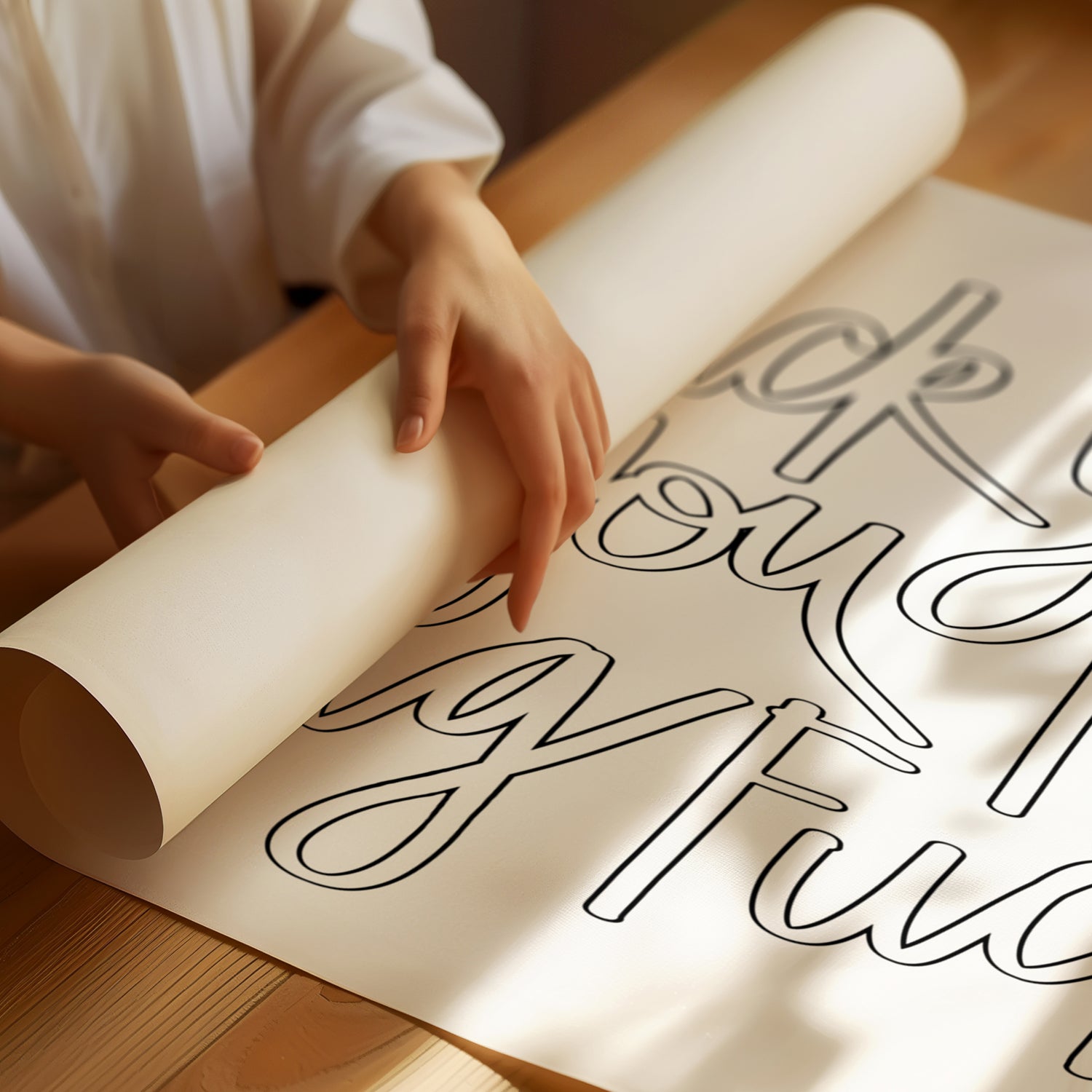 Person unrolling a black-and-white hand-lettered poster titled "FUCK YOU YOU FUCKING FUCK" on matte paper.