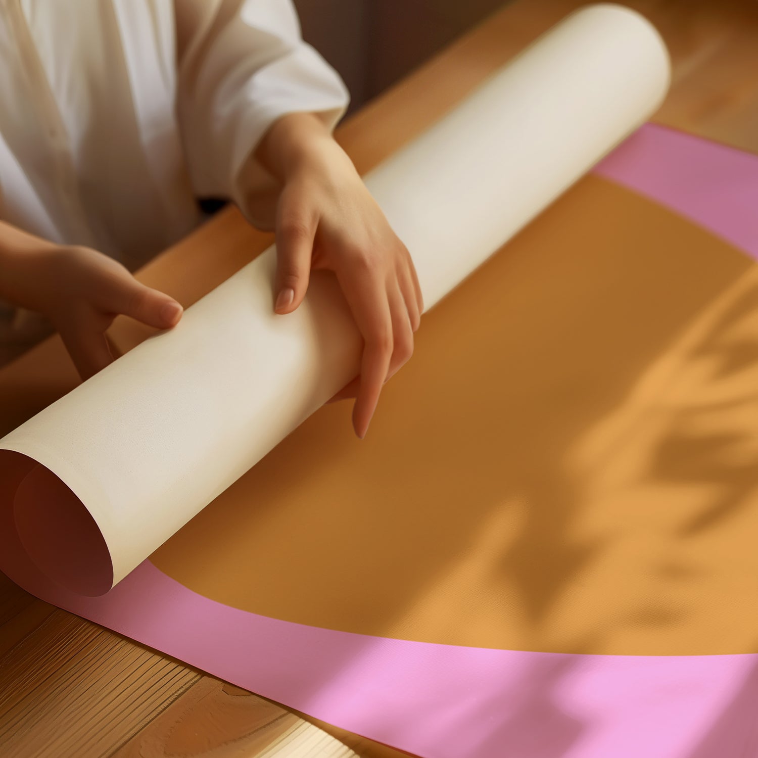 Hands unrolling a HEART of GOLD poster with a gold heart on vibrant pink printed on matte paper.