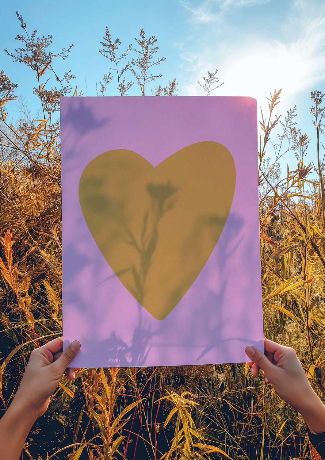 HEART of GOLD poster with a gold heart on vibrant pink background held outdoors in natural sunlight.
