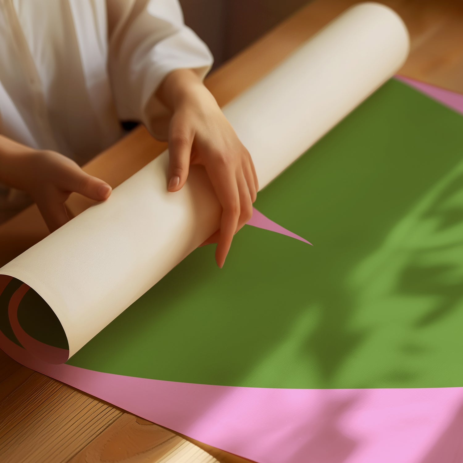 Person unrolling the PREPPY HEART poster featuring a large green heart on a vibrant pink background.