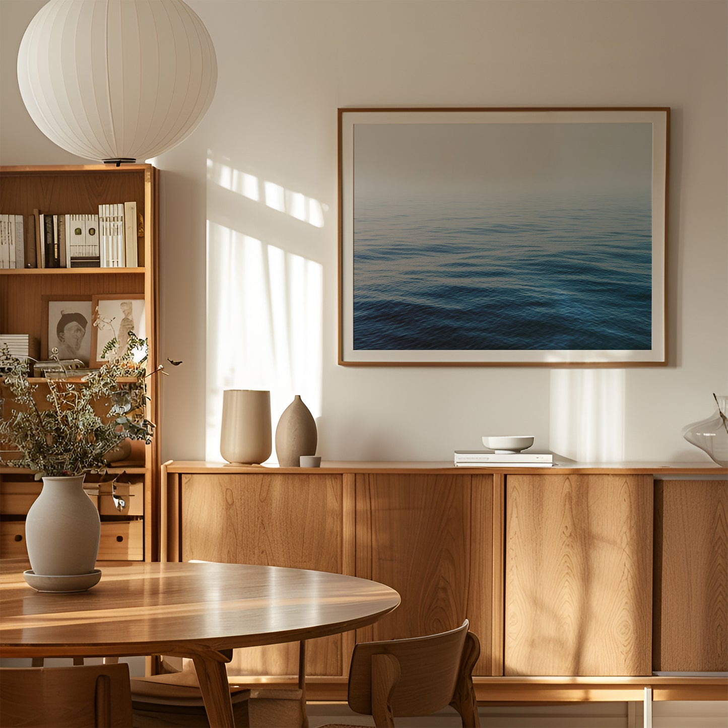 HER MAJESTY ocean print showing calm blue sea horizon, framed and displayed in a serene modern dining room setting.