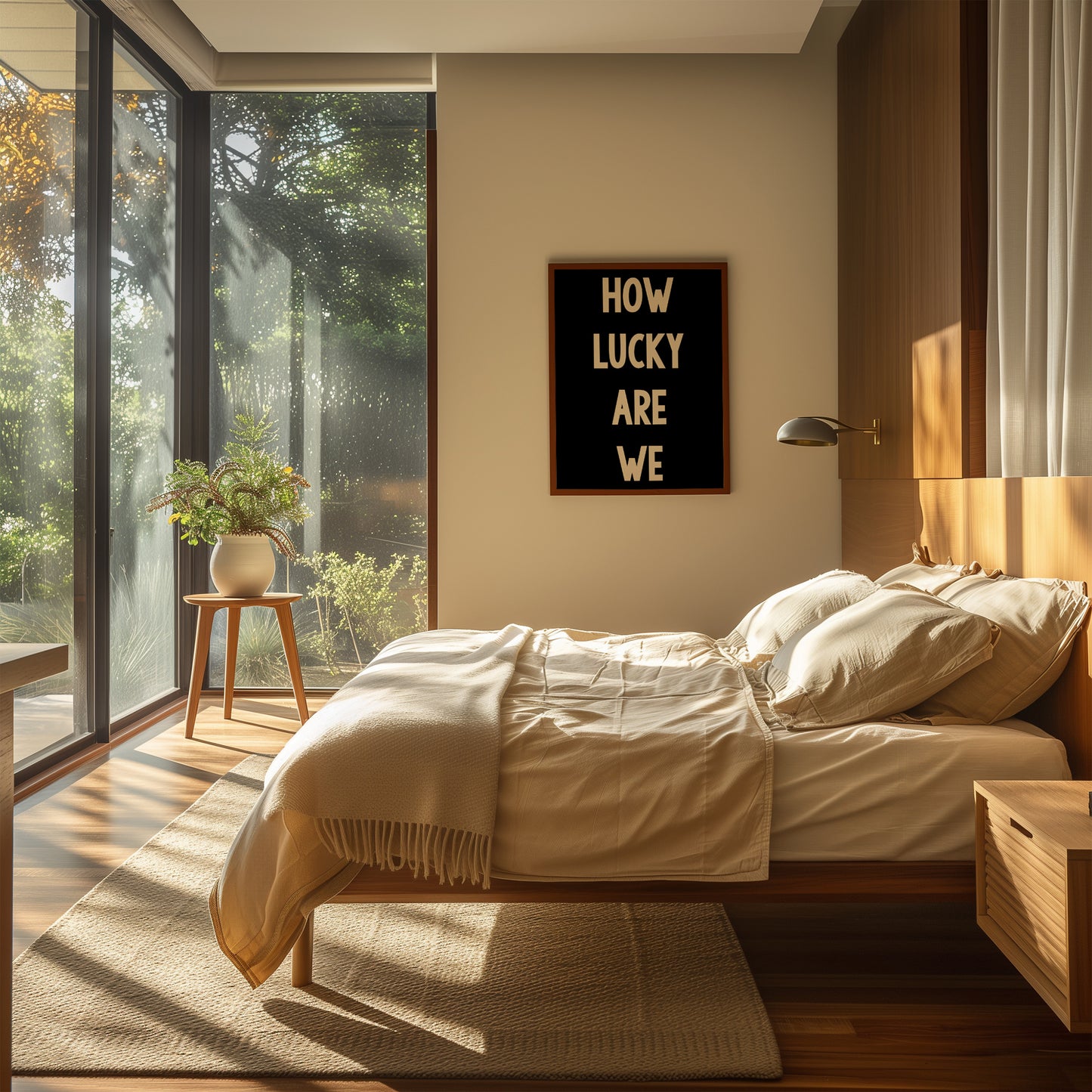HOW LUCKY ARE WE black-and-white typography poster in a sunlit minimalist bedroom with wooden accents.