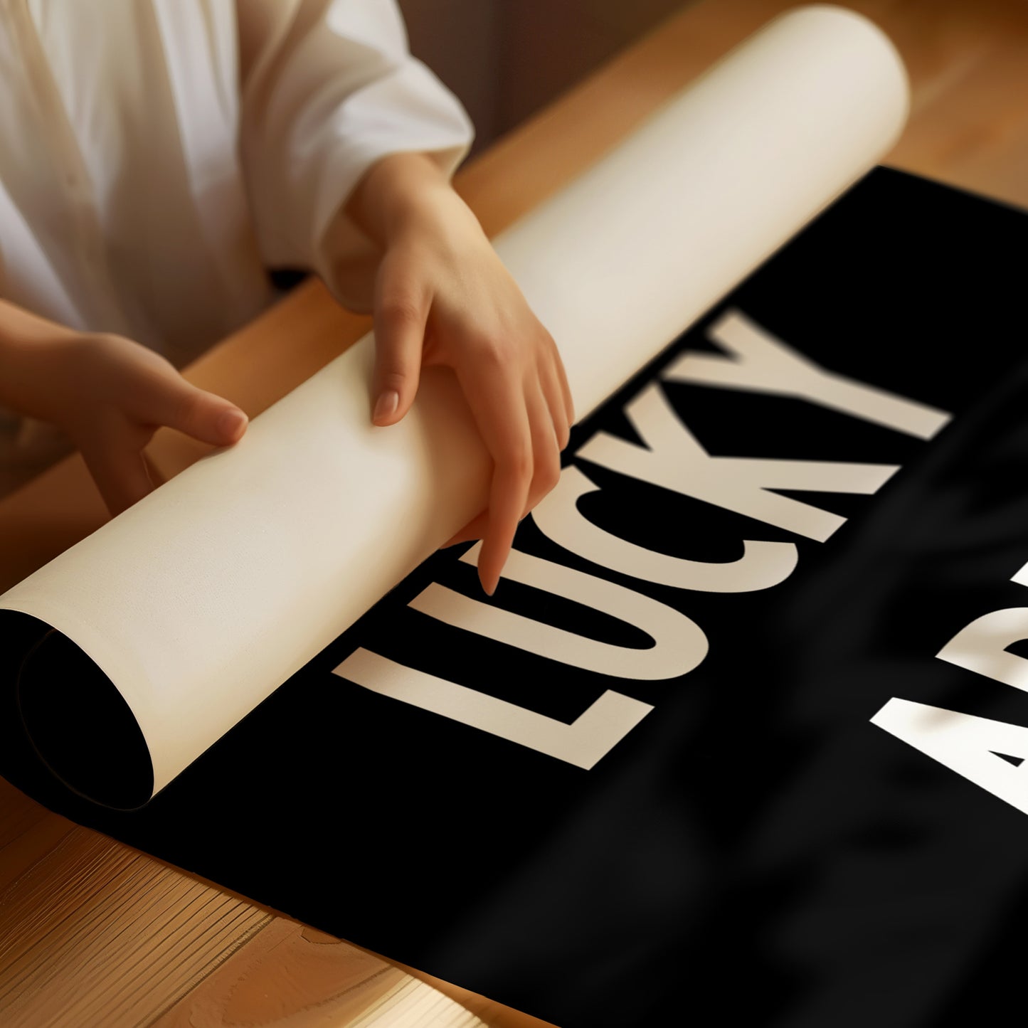 Person unrolling black-and-white "HOW LUCKY ARE WE" typography poster on wooden surface, matte finish visible.