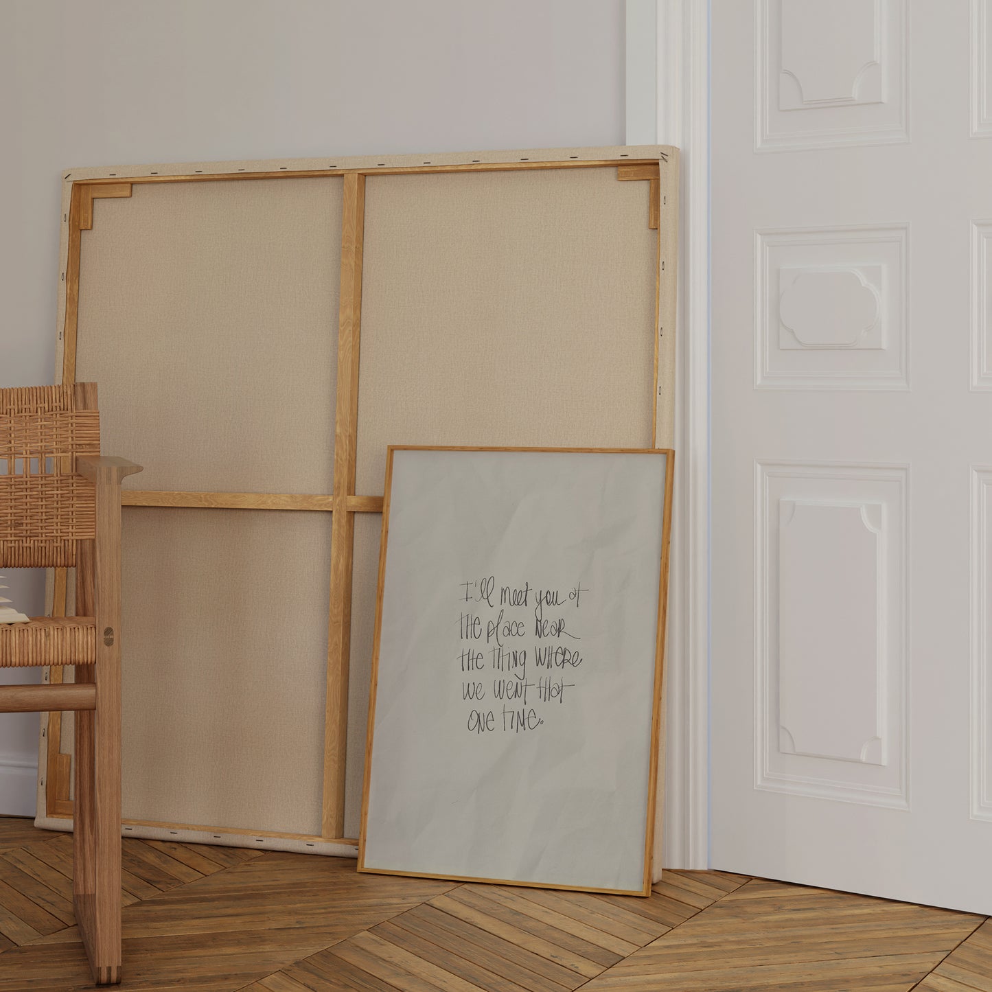 I'LL MEET YOU AT THE PLACE ... handwritten art print with crumbled newsprint style on off-white background.