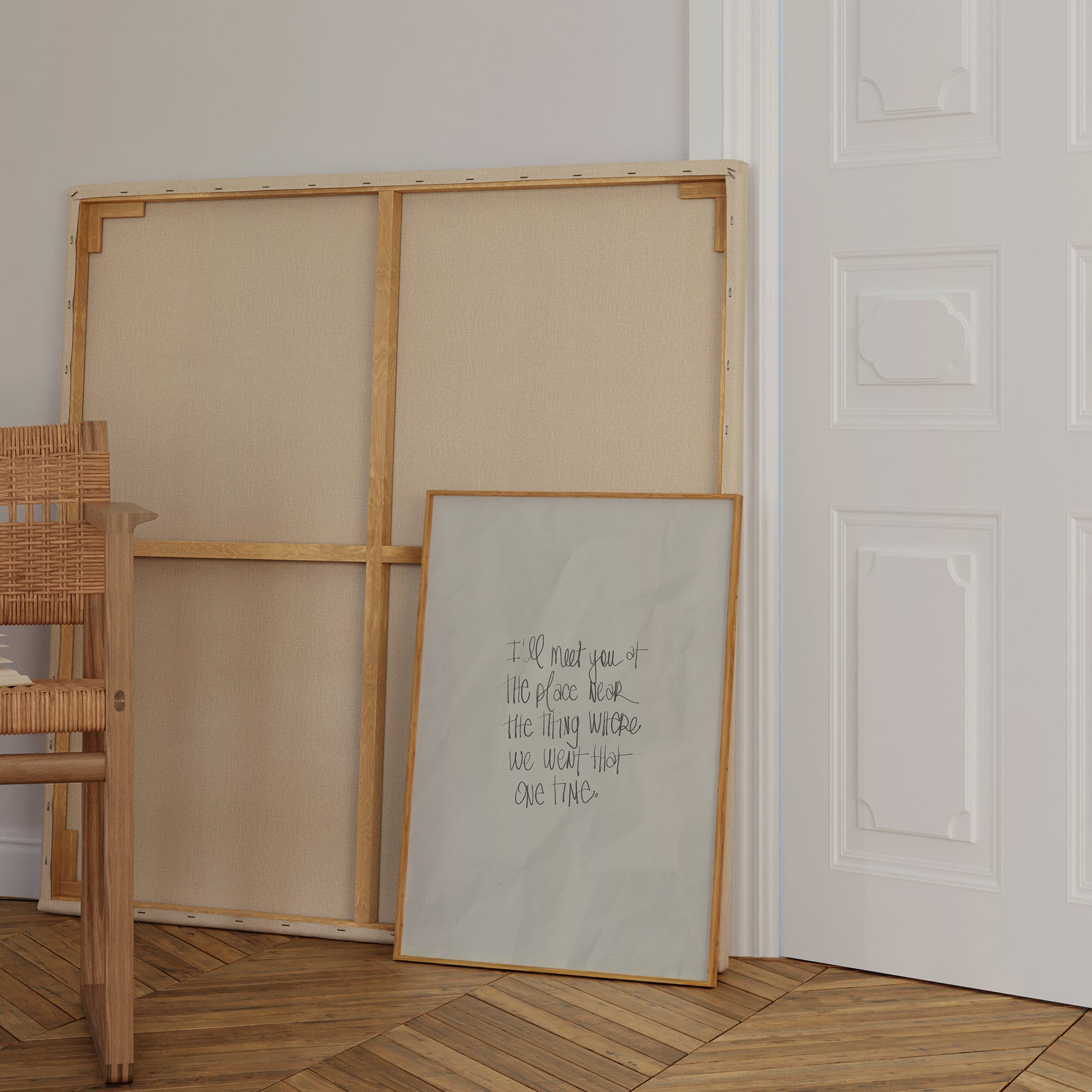 I'LL MEET YOU AT THE PLACE ... handwritten art print with crumbled newsprint style on off-white background.