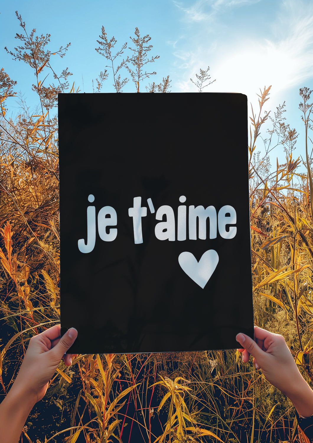 JE T'AiME poster with bold black-and-white typography and heart detail held outdoors in natural light.