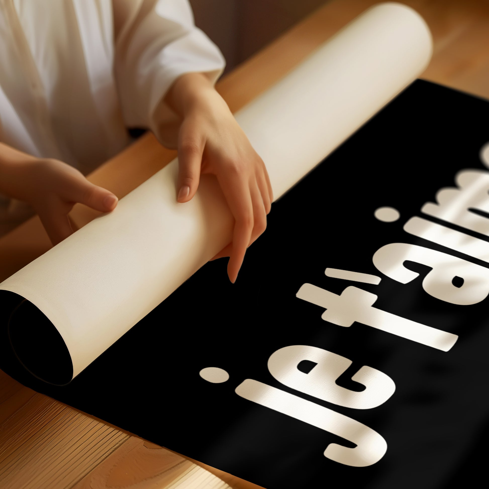 JE T'AiME poster being unrolled showing bold black-and-white minimalist French love print on matte paper.