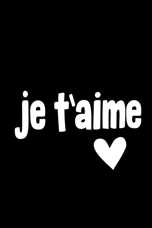 JE T'AiME poster with bold black-and-white text and heart detail, perfect for home decor or gifts.