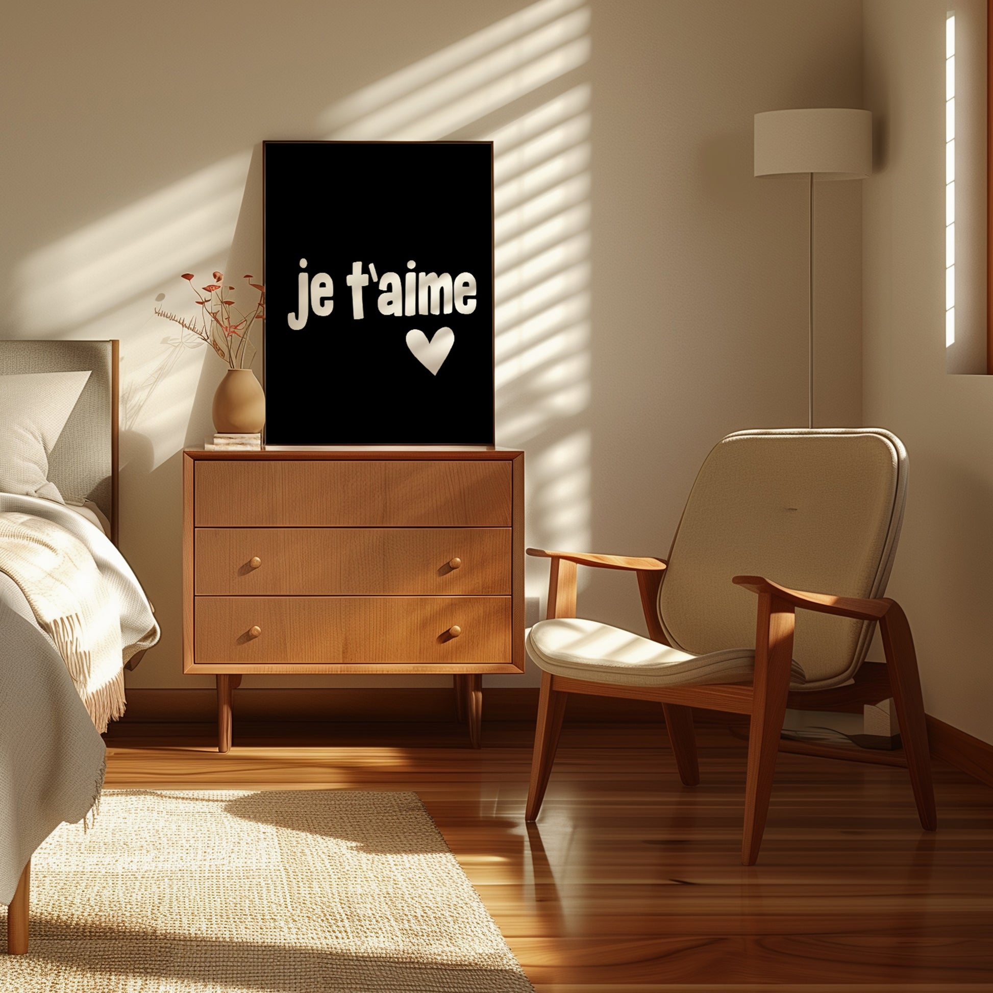 JE T'AiME poster with bold black-and-white design and heart detail displayed in cozy modern bedroom.