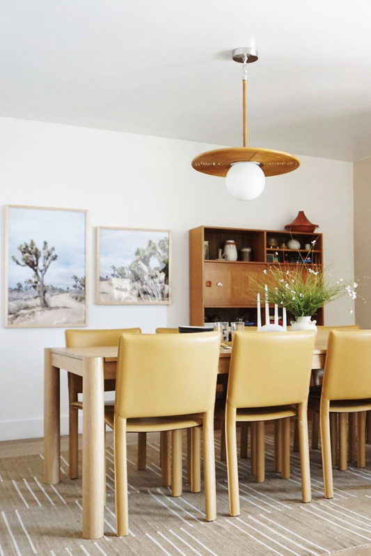 JOURNEY LEFT & RiGHT diptych featuring Joshua trees over a desert road in a modern dining room setting.