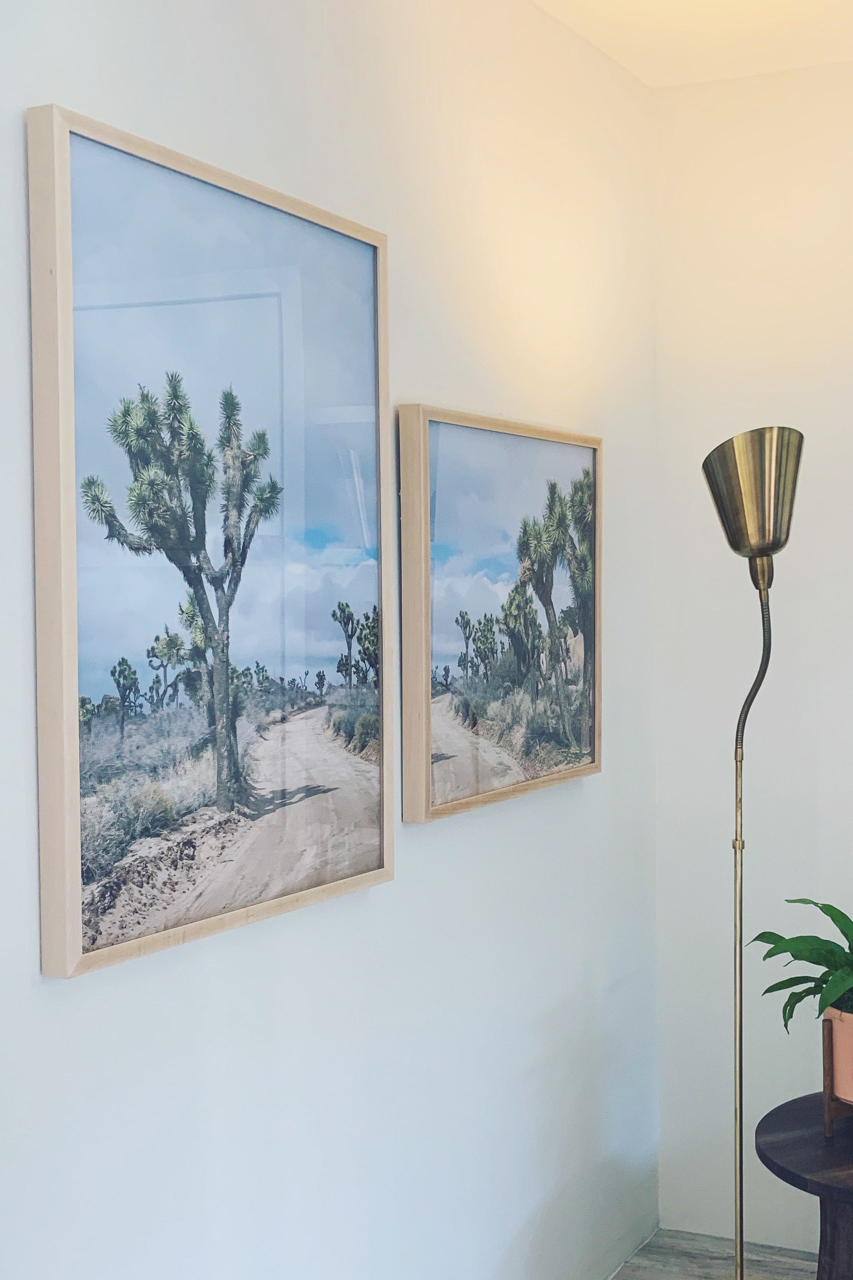 JOURNEY LEFT & RiGHT diptych displaying Joshua Tree desert scene with vertical and square frames on white wall.
