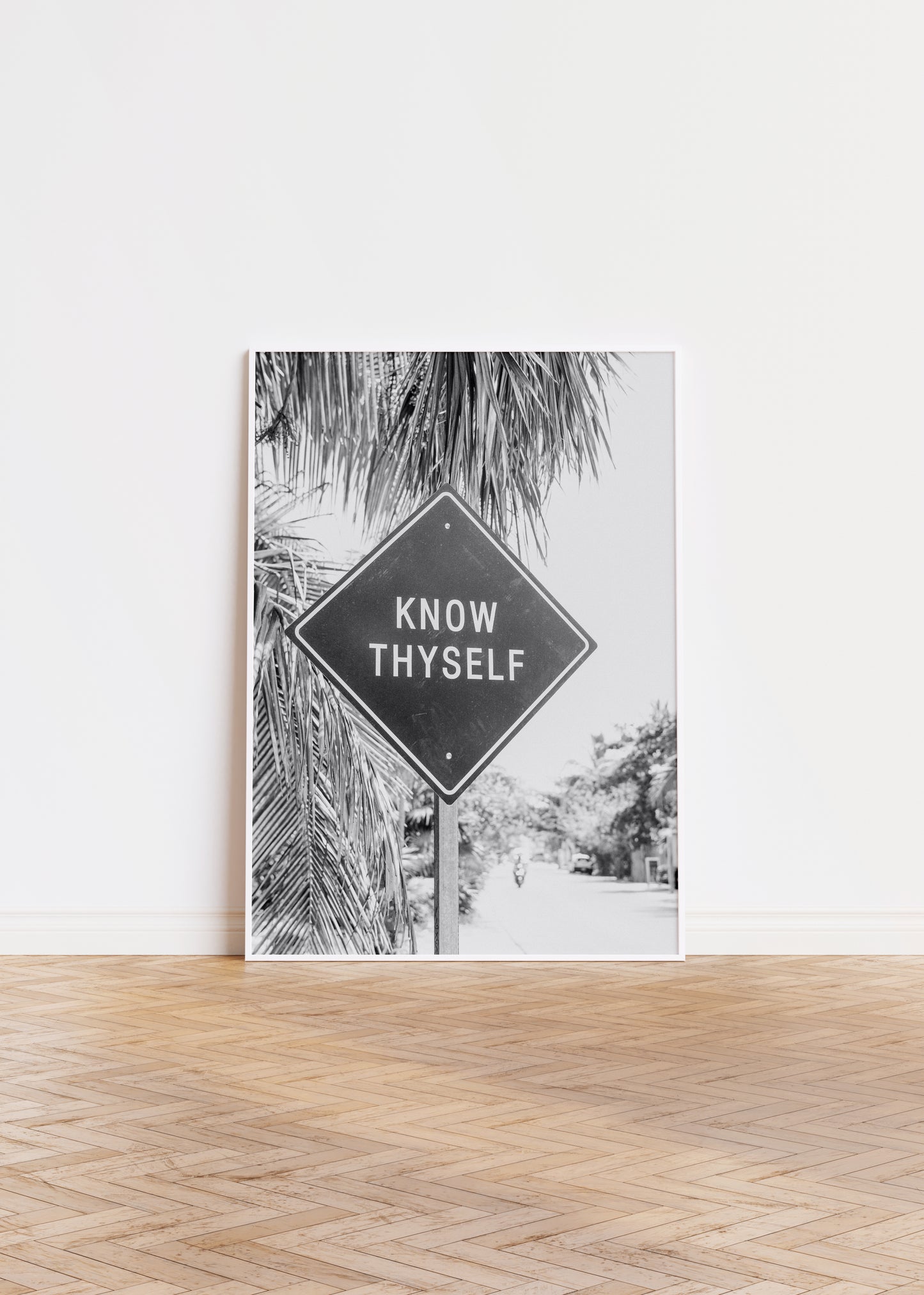 KNOW THYSELF black-and-white photo art print featuring a Tulum street sign with palm trees in the background.