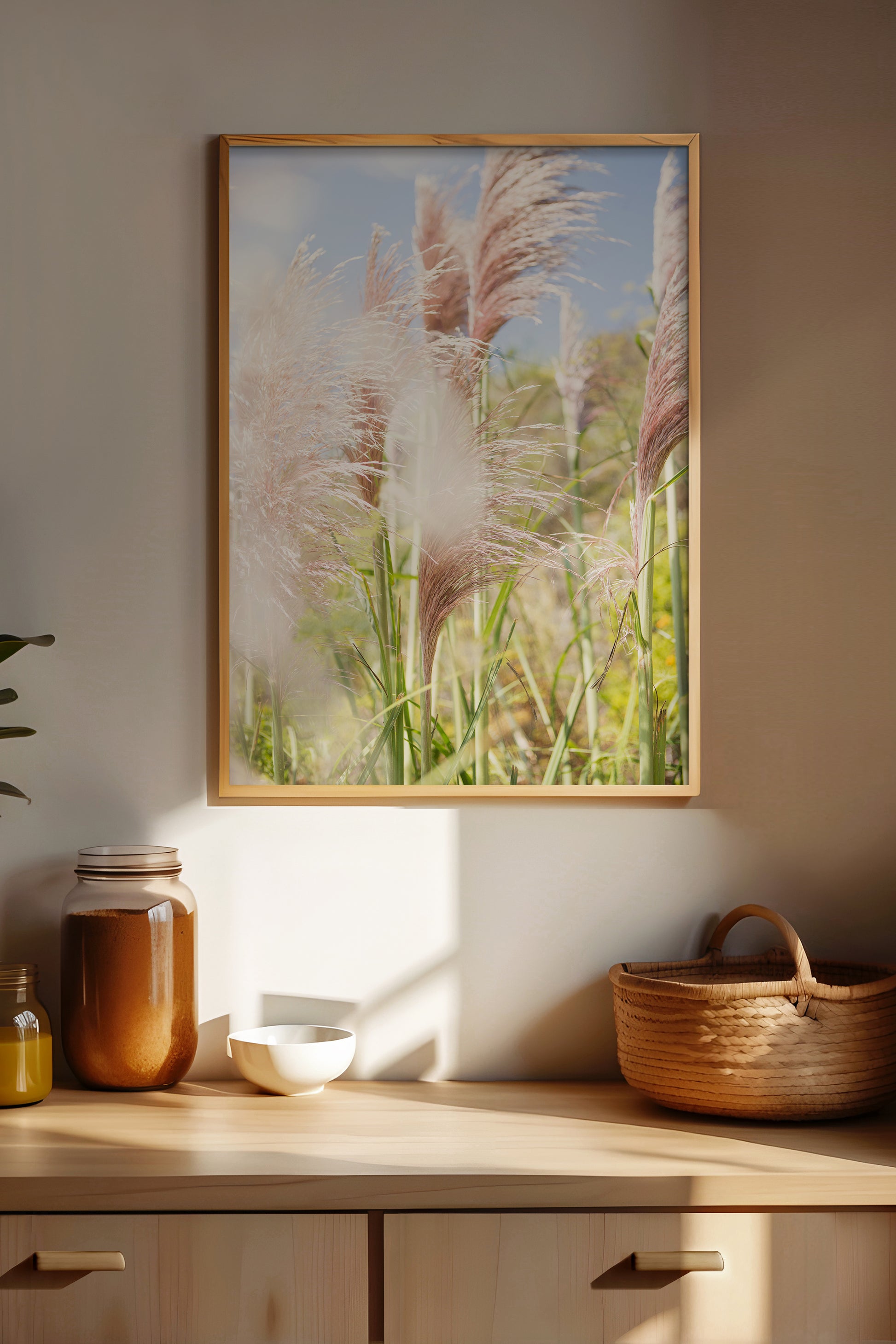 LA PAMPA framed artwork of pampas grass swaying in breeze with soft natural tones for boho decor.