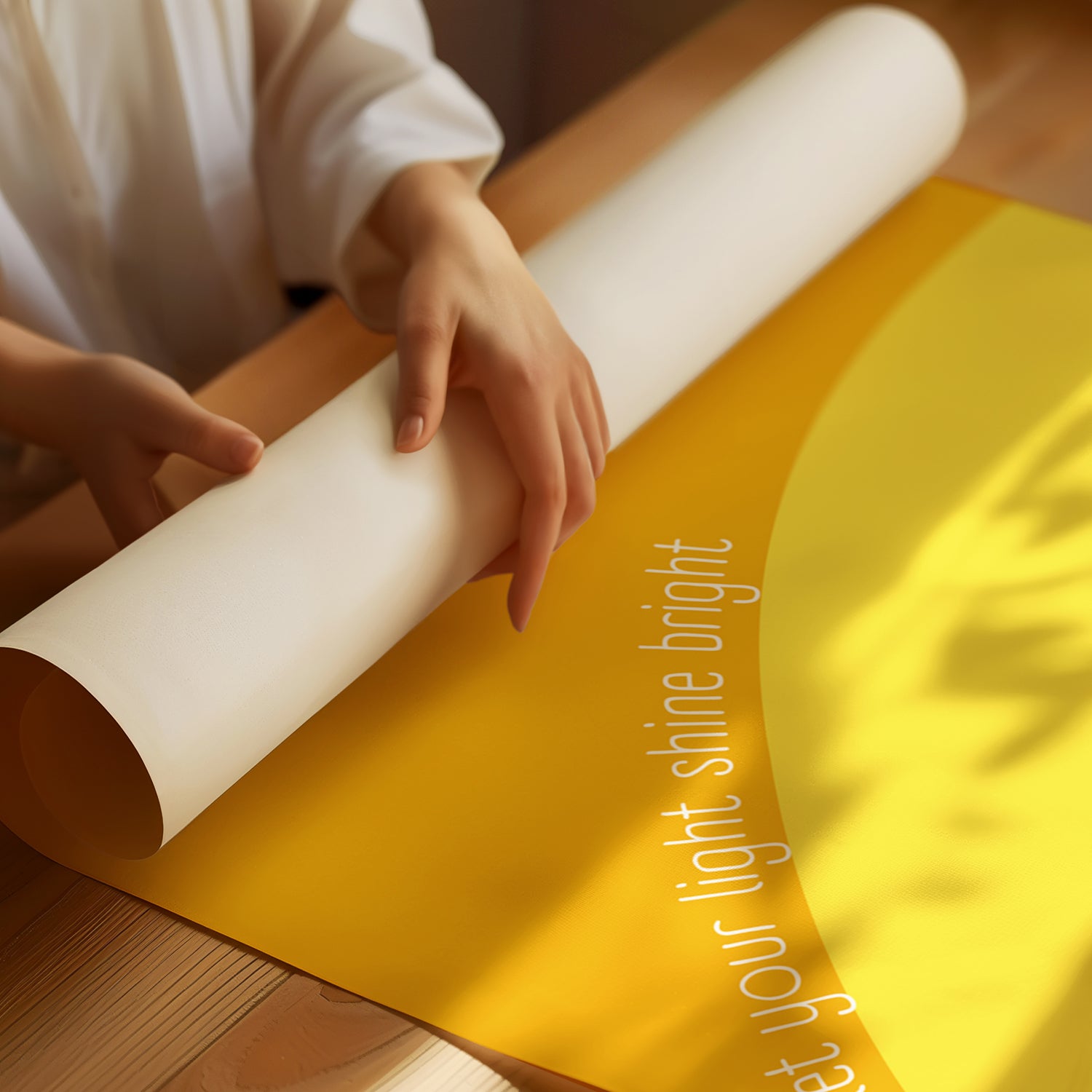 Hands unrolling a vibrant yellow poster with the phrase "LET YOUR LiGHT SHiNE BRiGHT" on matte paper.