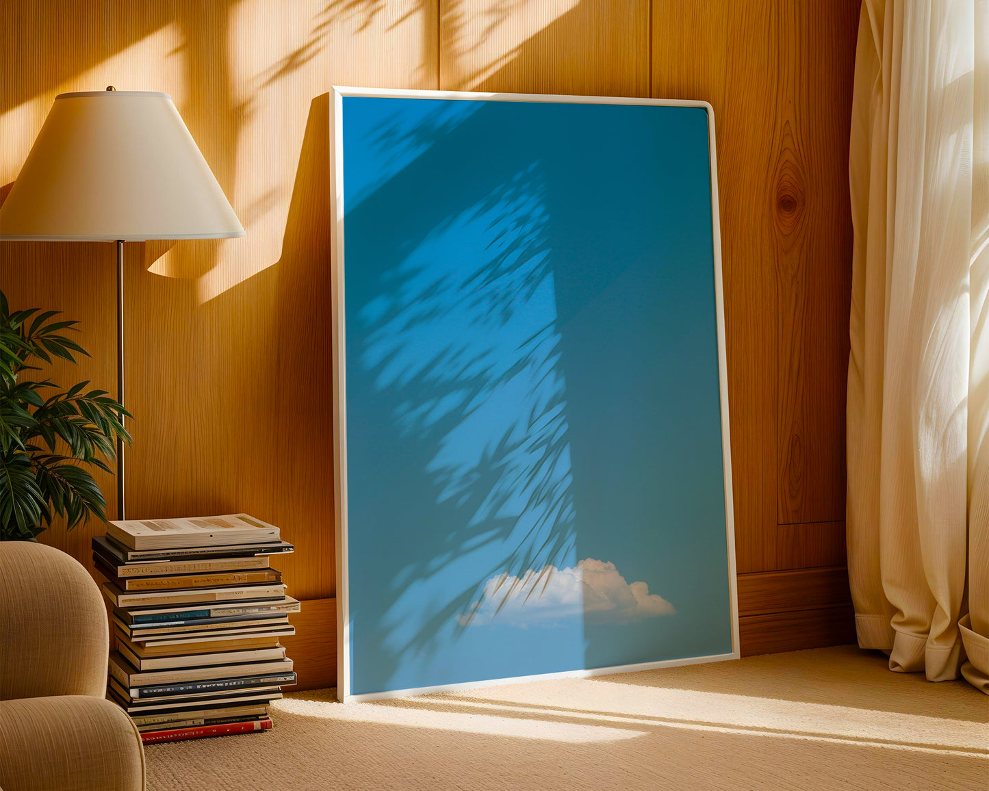 Minimalist photograph of a single fluffy cloud in a blue sky, titled MEANWHiLE, perfect for calm interiors.