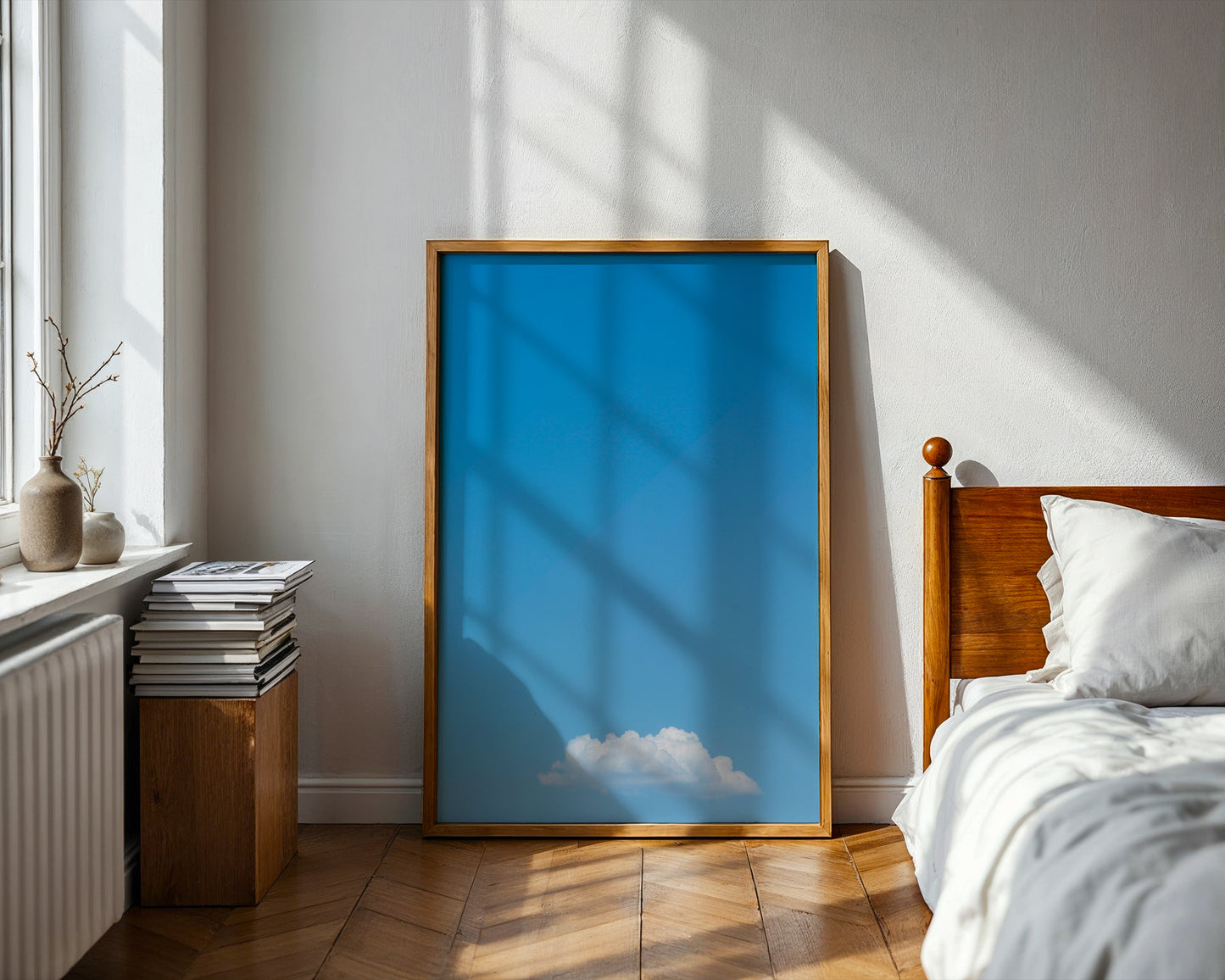 MEANWHiLE minimalist art print featuring a single fluffy cloud in a bright blue sky, perfect for calm interiors.
