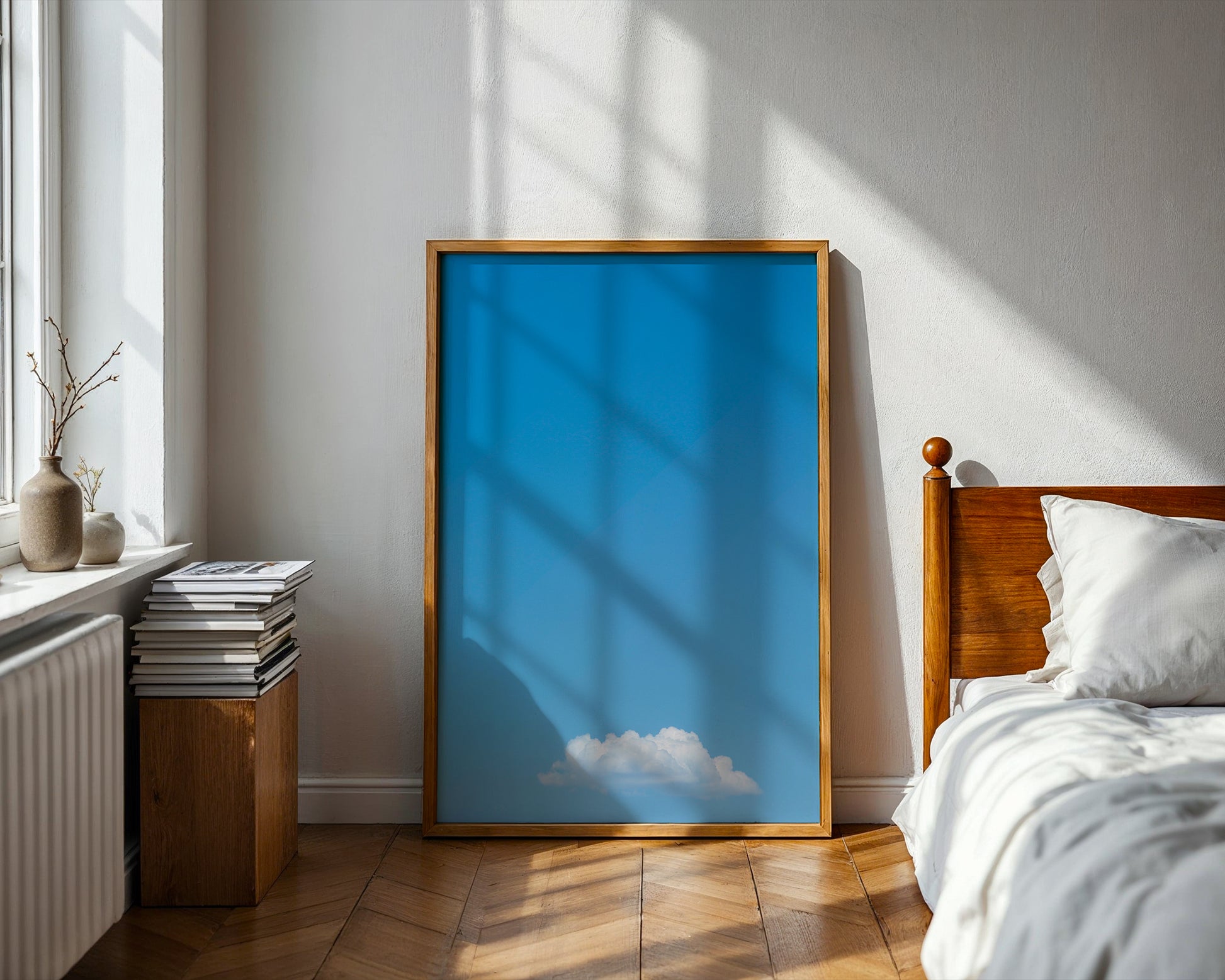 MEANWHiLE minimalist art print featuring a single fluffy cloud in a bright blue sky, perfect for calm interiors.