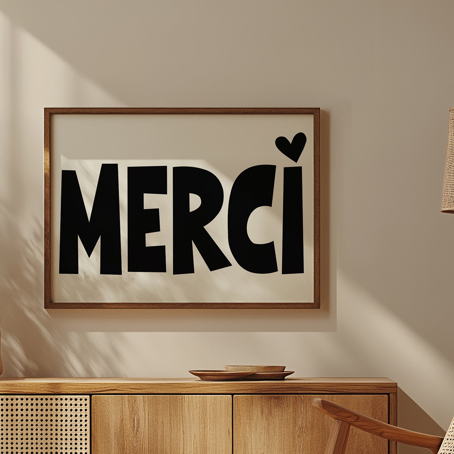 Framed MERCi (with heart) black-and-white poster with bold typography hanging above wooden cabinet in minimal room.