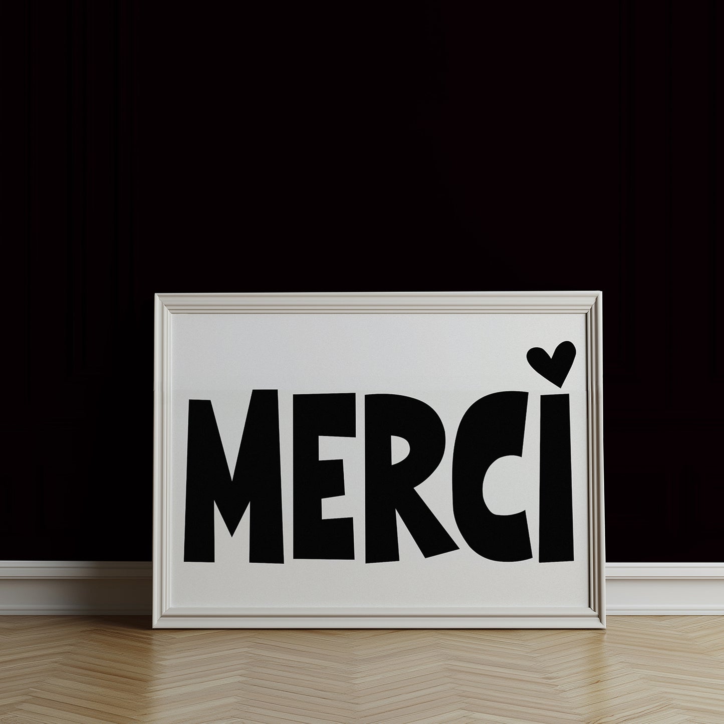 MERCi poster with bold black letters and heart dot on the i, stylish thank you wall art for home or office.