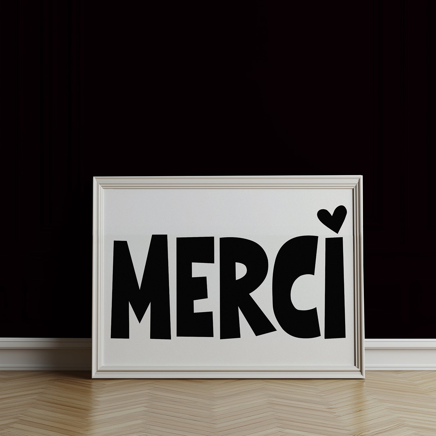 MERCi poster with bold black letters and heart dot on the i, stylish thank you wall art for home or office.