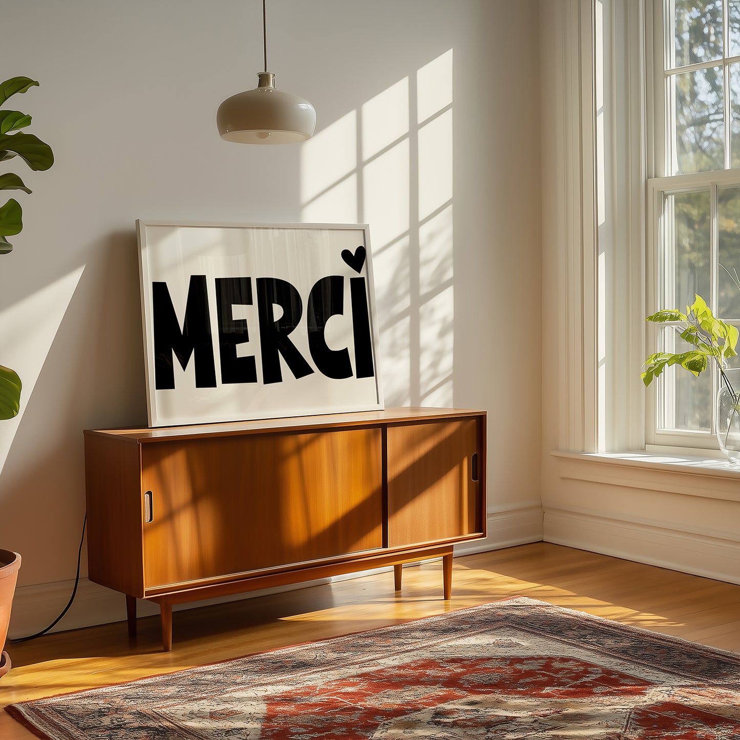MERCi poster with bold black-and-white typography and heart detail displayed on wooden sideboard in sunlit room.