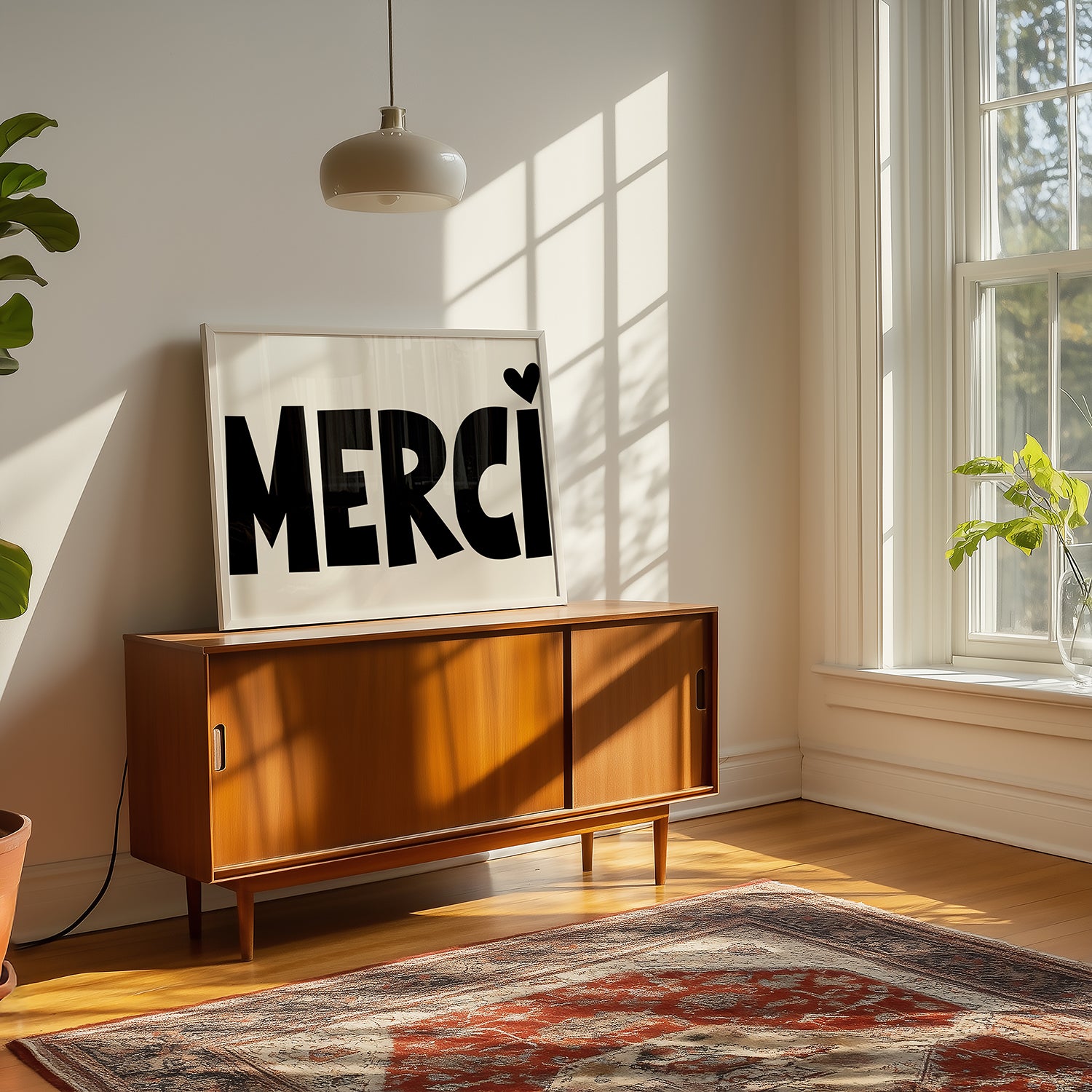 MERCi poster with bold black-and-white typography and heart detail displayed on wooden sideboard in sunlit room.