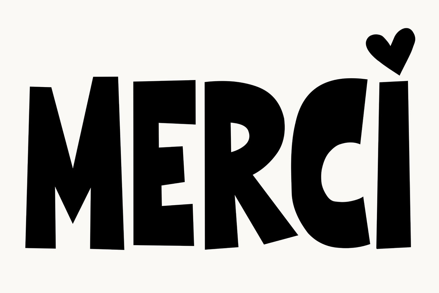 Bold black-and-white MERCi poster featuring oversized typography and a heart dotting the i for stylish gratitude.