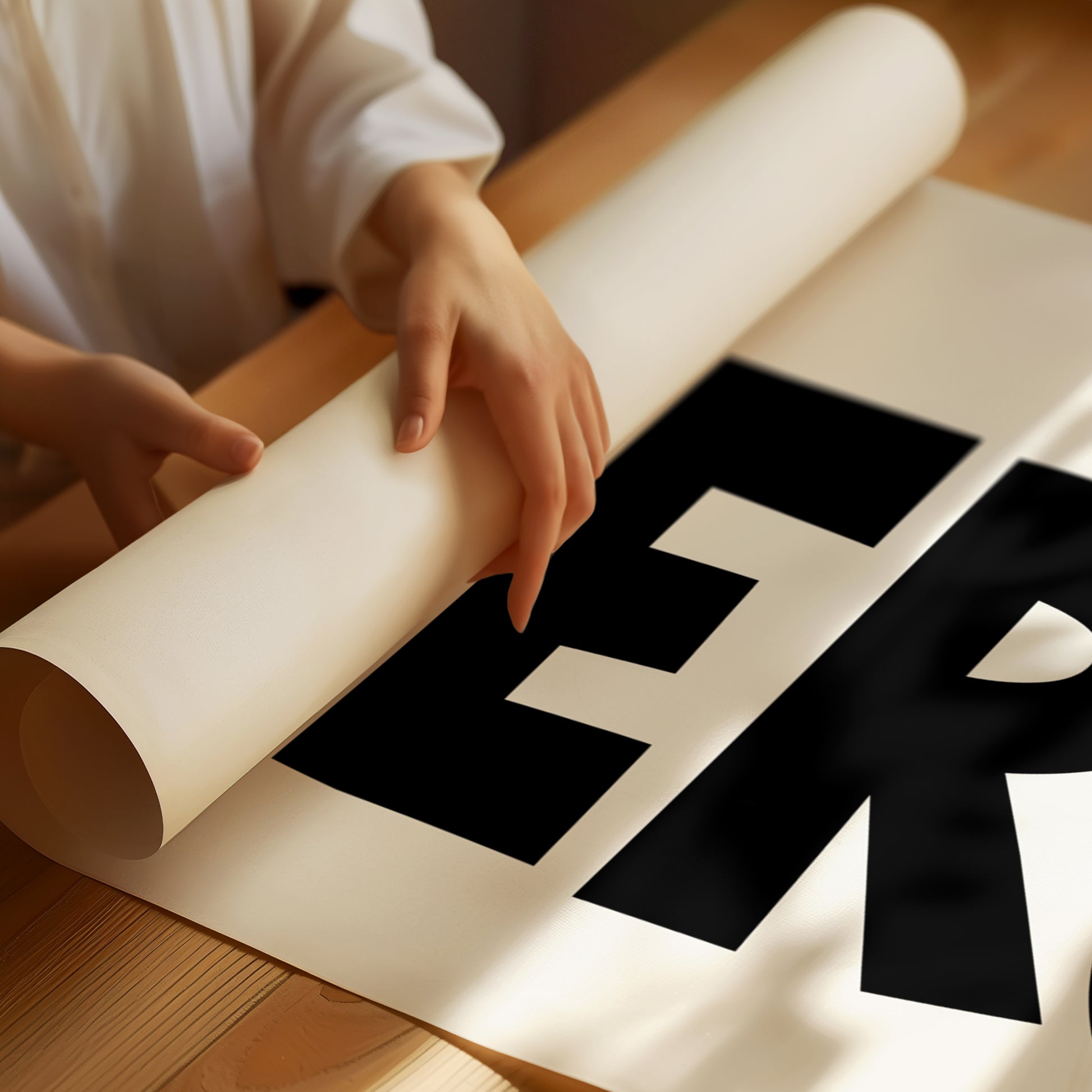 MERCi poster with bold black and white hand-drawn typography on matte paper being unrolled on a wooden table.